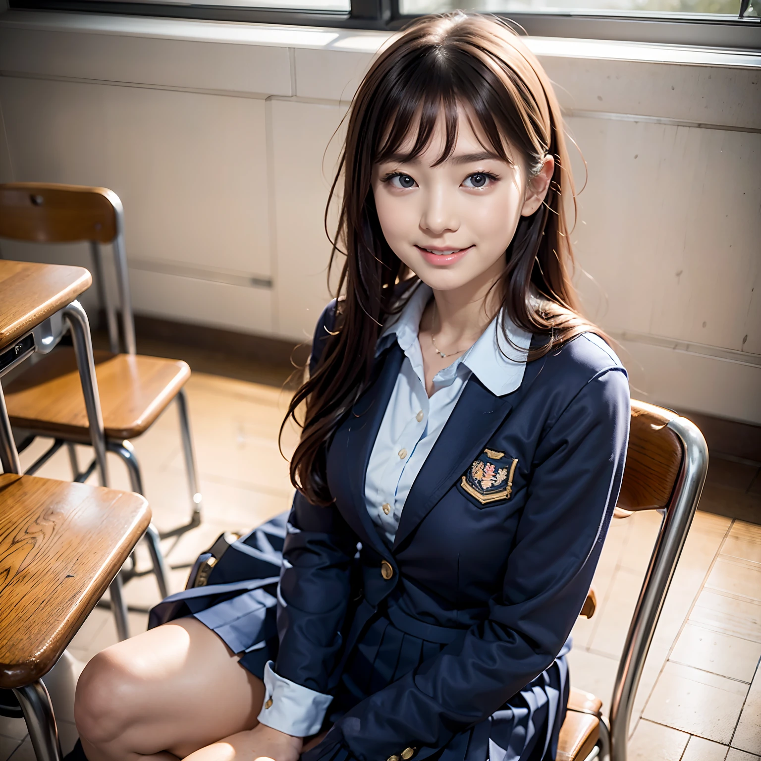 1 girl, best quality, facial focus, soft light, (depth of field), ultra high res, (photorealistic: 1.4), RAW photo, (upper knees: 1.4), (side) 1Japanese girl, solo, handsome, (shy, smile: 1.1), (brown eyes), detailed beautiful face, (long hair), High school classroom, (seated chair), (school uniform: 1.4, navy skirt, navy Blazer)