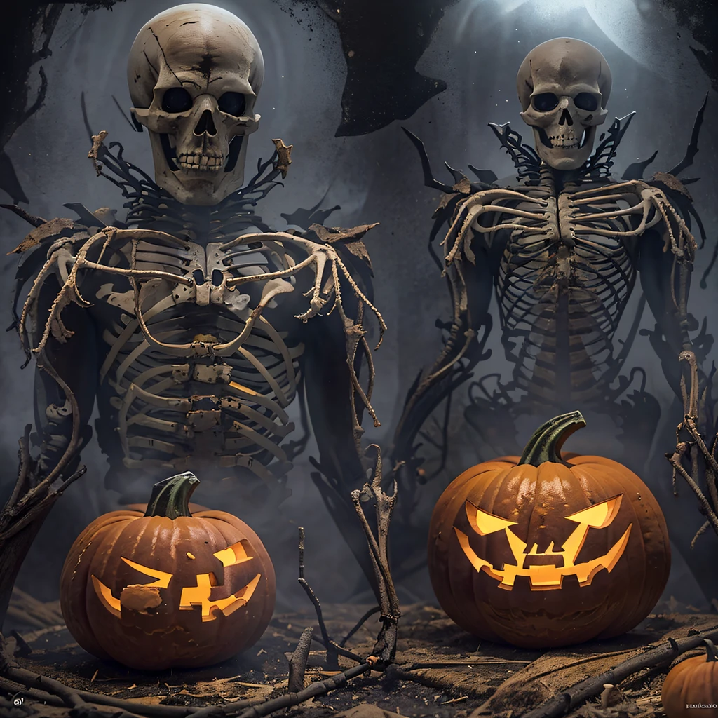 Halloween pumpkin material model（best qualtiy，8K pumpkin skeleton,Masterpiece）1girll，borgar，pumpkins，the bats（Soldier pumpkin head）Tattooed with，Smoke billowed out，thin fog，Skeleton pumpkin