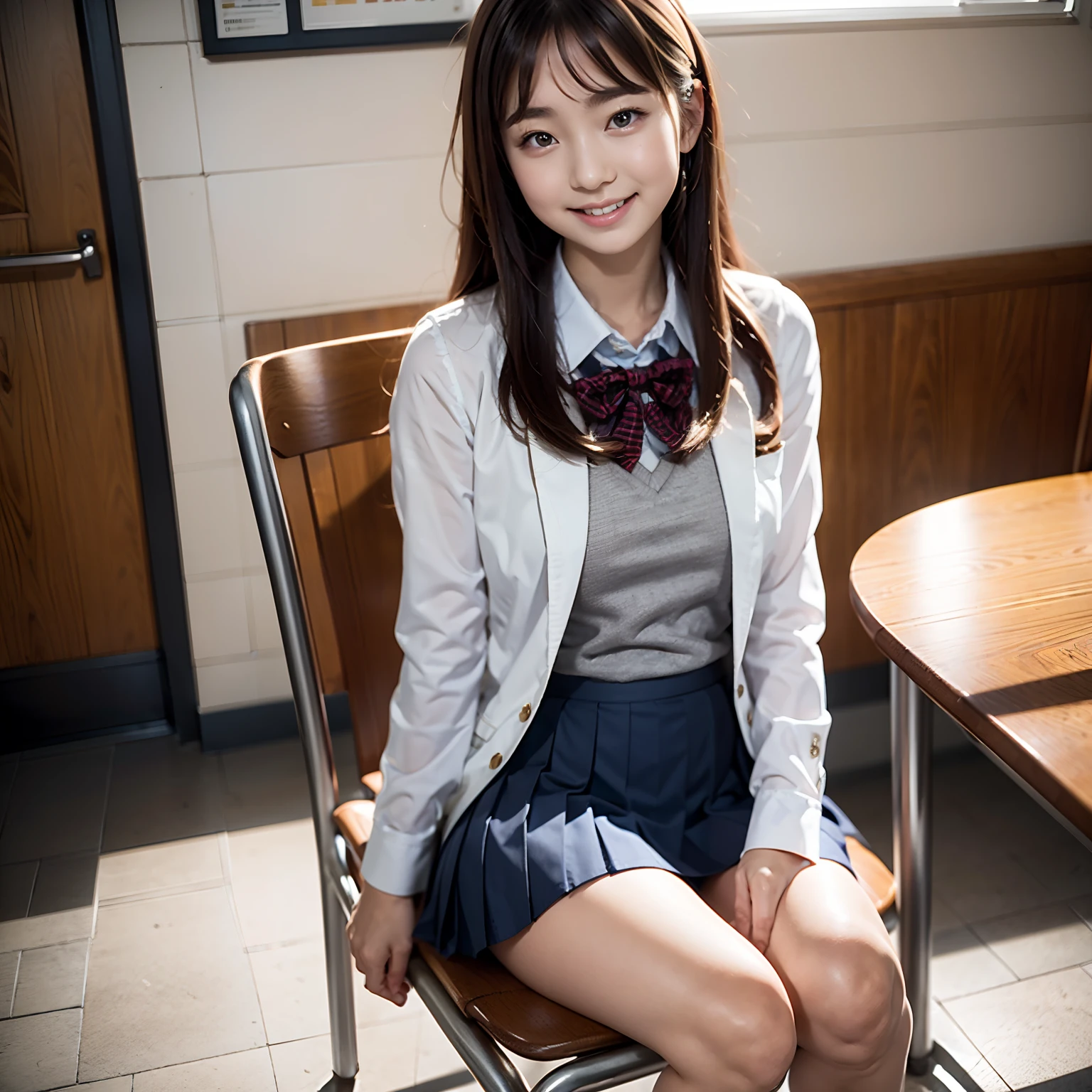 1 girl, best quality, facial focus, soft light, (depth of field), ultra high res, (photorealistic: 1.4), RAW photo, (upper knees: 1.4), (side) 1Japanese girl, solo, handsome, (shy, smile: 1.1), (brown eyes), detailed beautiful face, (long hair), High school classroom, (seated chair), (school uniform: 1.4, navy skirt, navy Blazer)