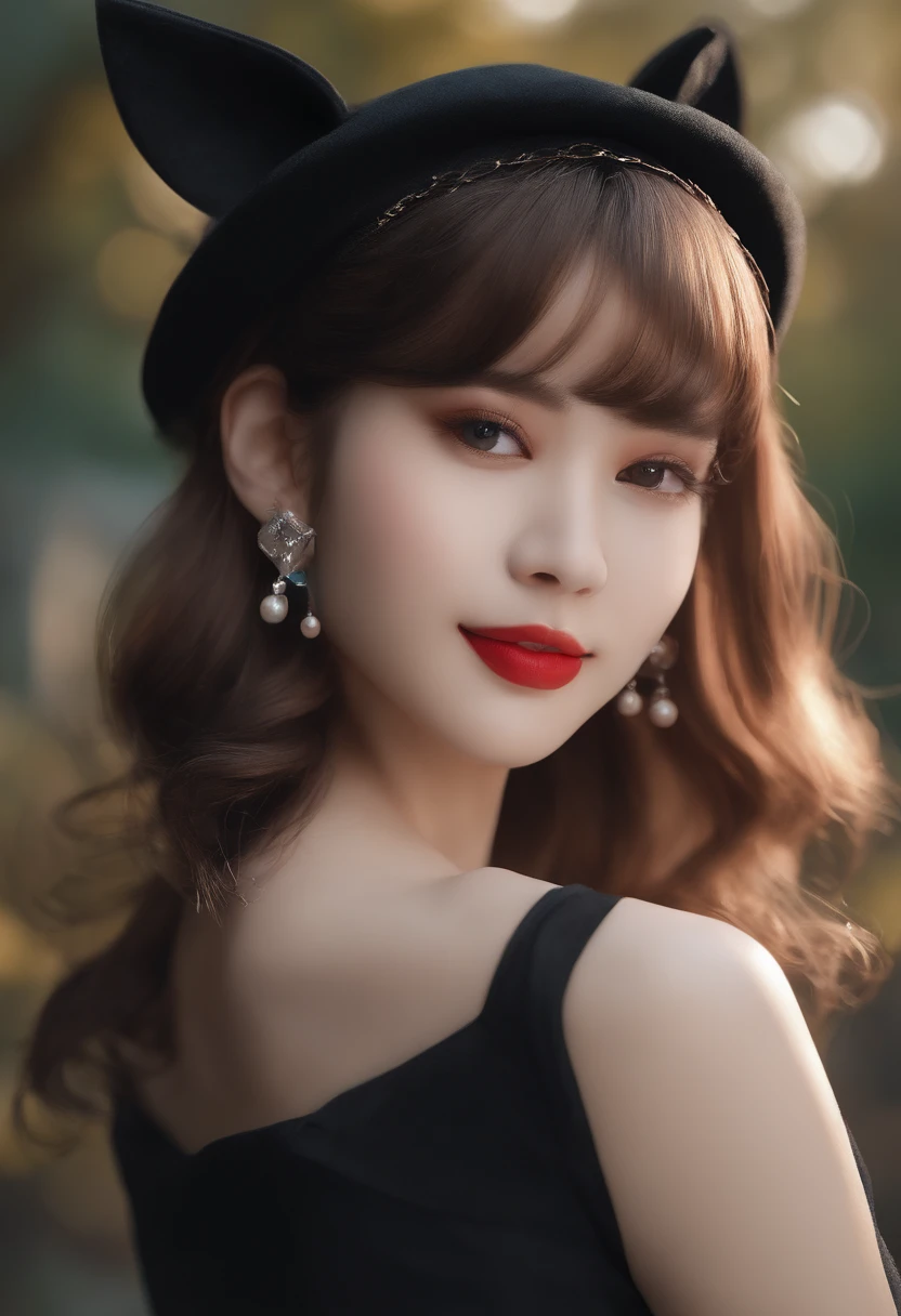 black hair, hair bobbles, longeyelashes, solid circle eyes, fake animal ears, light smile, ear blush, fang, hair over shoulder, beret, Surrealism, drop shadow, anaglyph, stereogram, tachi-e, pov, atmospheric perspective, Monet, 8k, super detail, ccurate, best quality, UHD