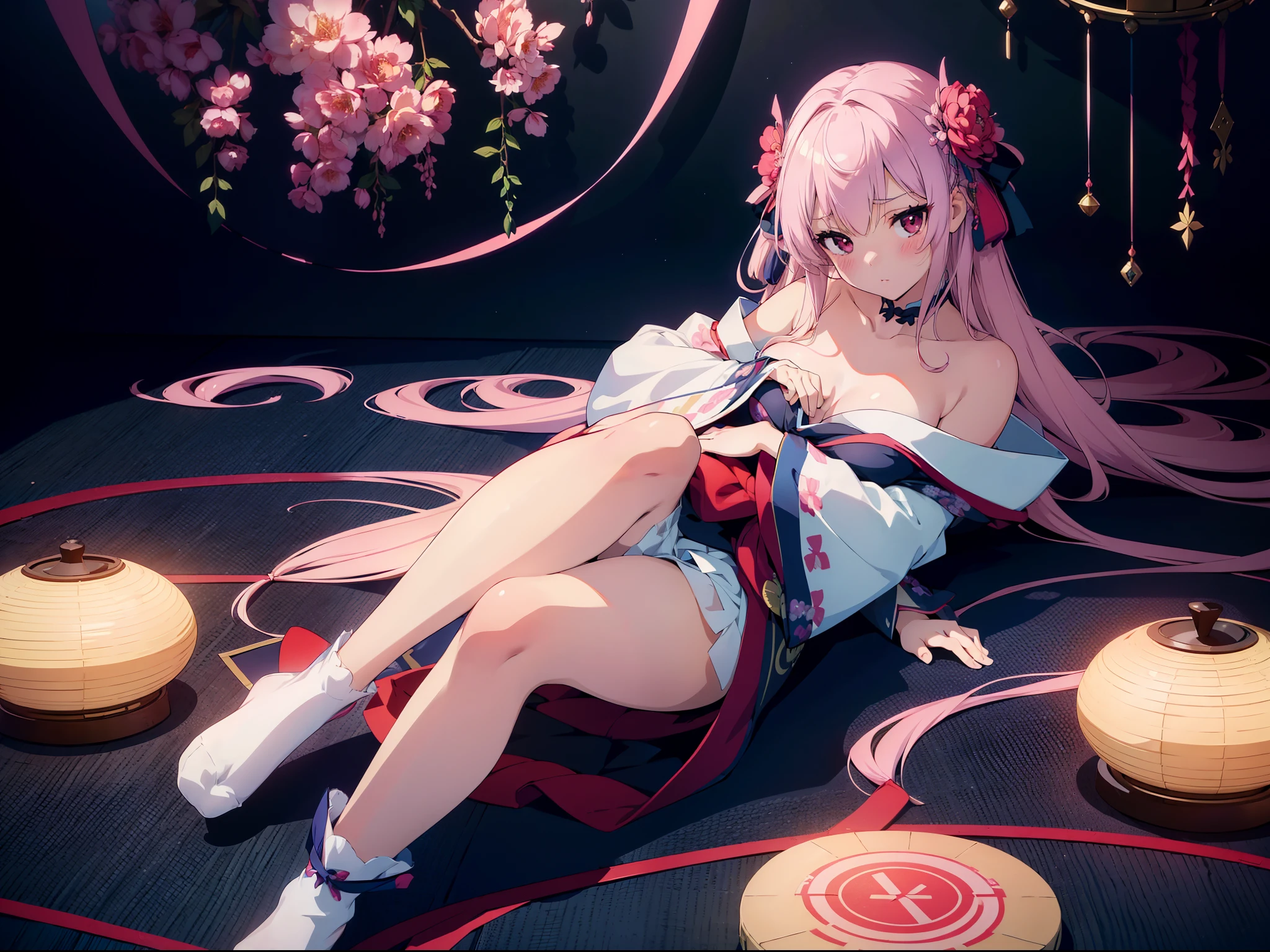 masterpiece, best quality,((ultra-detailed)), (illustration), ((an extremely delicate and beautiful)),dynamic angle,floating, (beautiful detailed eyes),(bright eyes) ,(detailed light),solo,
1girl, bare_legs, barefoot, cherry_blossoms, closed_eyes, cloud, flower, full_moon, hair_ornament, japanese_clothes, kimono, long_hair, long_sleeves, moon, night, night_sky, pink_hair, sitting, sky, solo, tree, very_long_hair, wide_sleeves