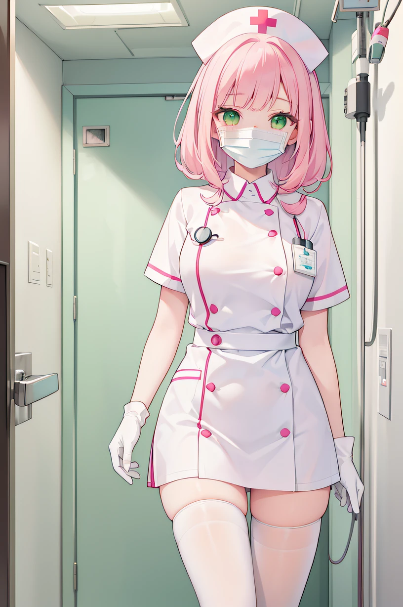 1girl, solo, nurse, nurse cap, white wear, ((white legwear, zettai ryouiki)), white gloves, pink hair, green eyes, drooping eyes, ((white surgical mask, covered nose)), standing, ((hospital room)), sharp outline, short sleeves, best quality, masterpiece