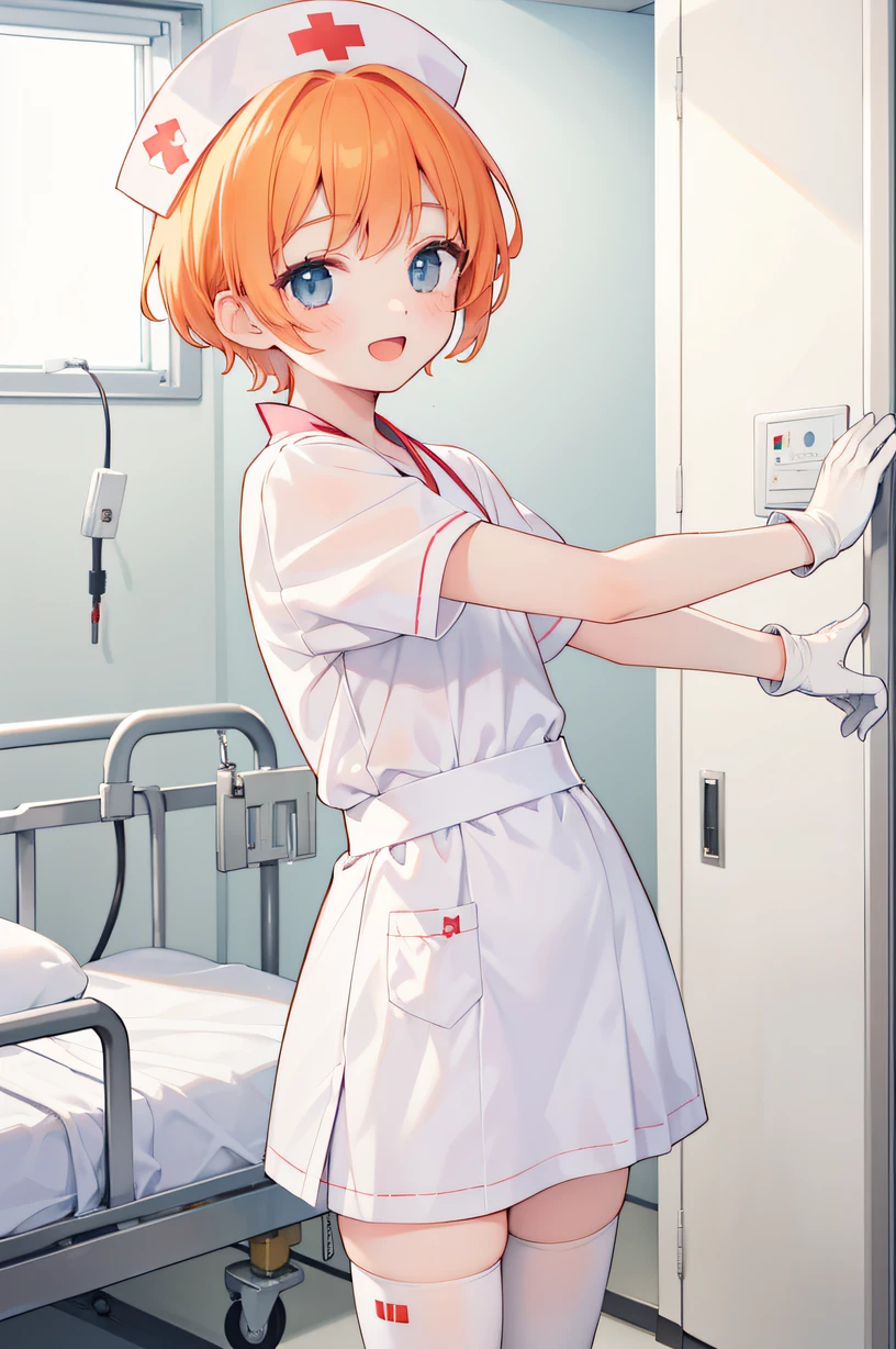 1boy, solo, male focus, nurse, nurse cap, white wear, ((white legwear, zettai ryouiki)), white gloves, short hair, orange hair, smile, open mouth, standing, ((hospital room)), sharp outline, short sleeves, shota, ************, best quality, masterpiece