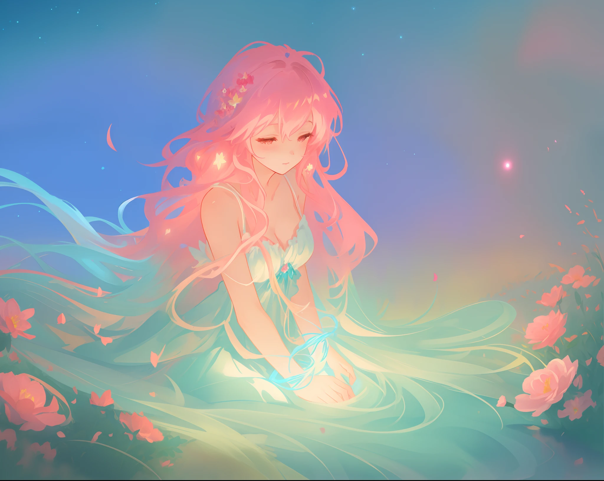 beautiful girl in white dress, fairy dress, beautiful girl sitting in a field with pink red flowers, glowing lights, whimsical landscape, long pink flowing hair, watercolor illustration, inspired by Glen Keane, inspired by Lois van Baarle, disney art style, by Lois van Baarle, glowing aura around her, by Glen Keane, jen bartel, glowing lights! digital painting, flowing glowing hair, glowing flowing hair, beautiful digital illustration, fantasia otherworldly landscape plants flowers, beautiful, masterpiece, best quality, anime disney style