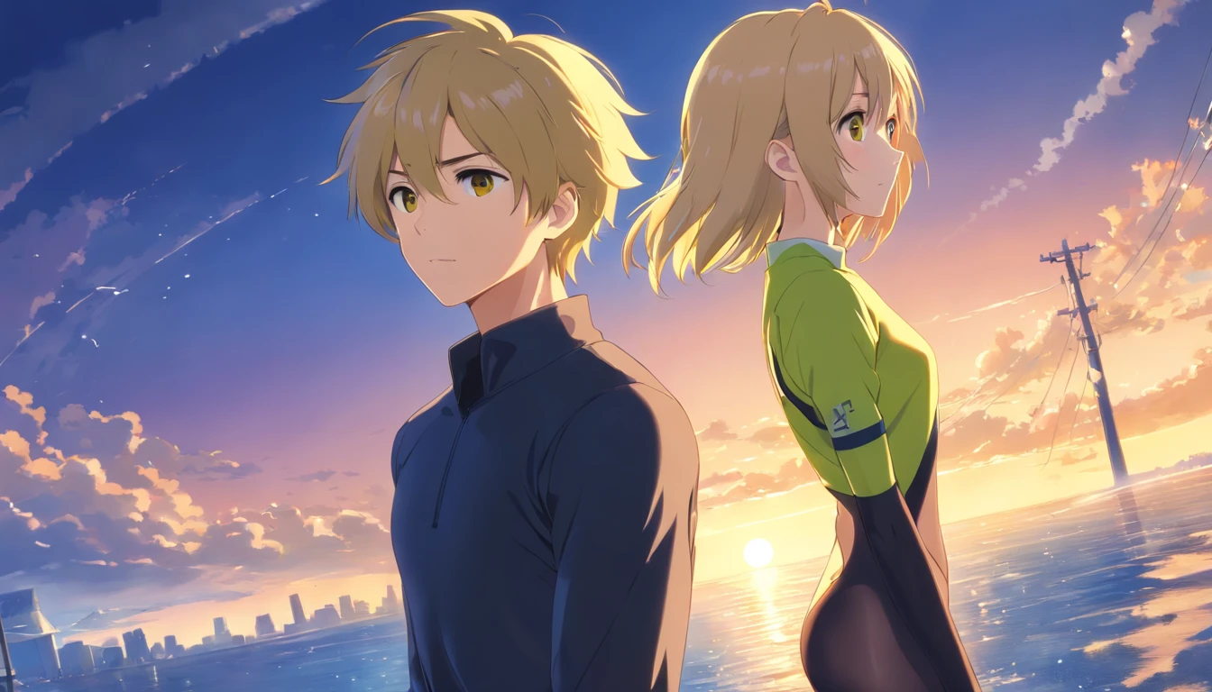 (best quality, highres, realistic:1.37), male, blonde hair, huge ass, black bodysuit, boy, short hair, yellow eyes