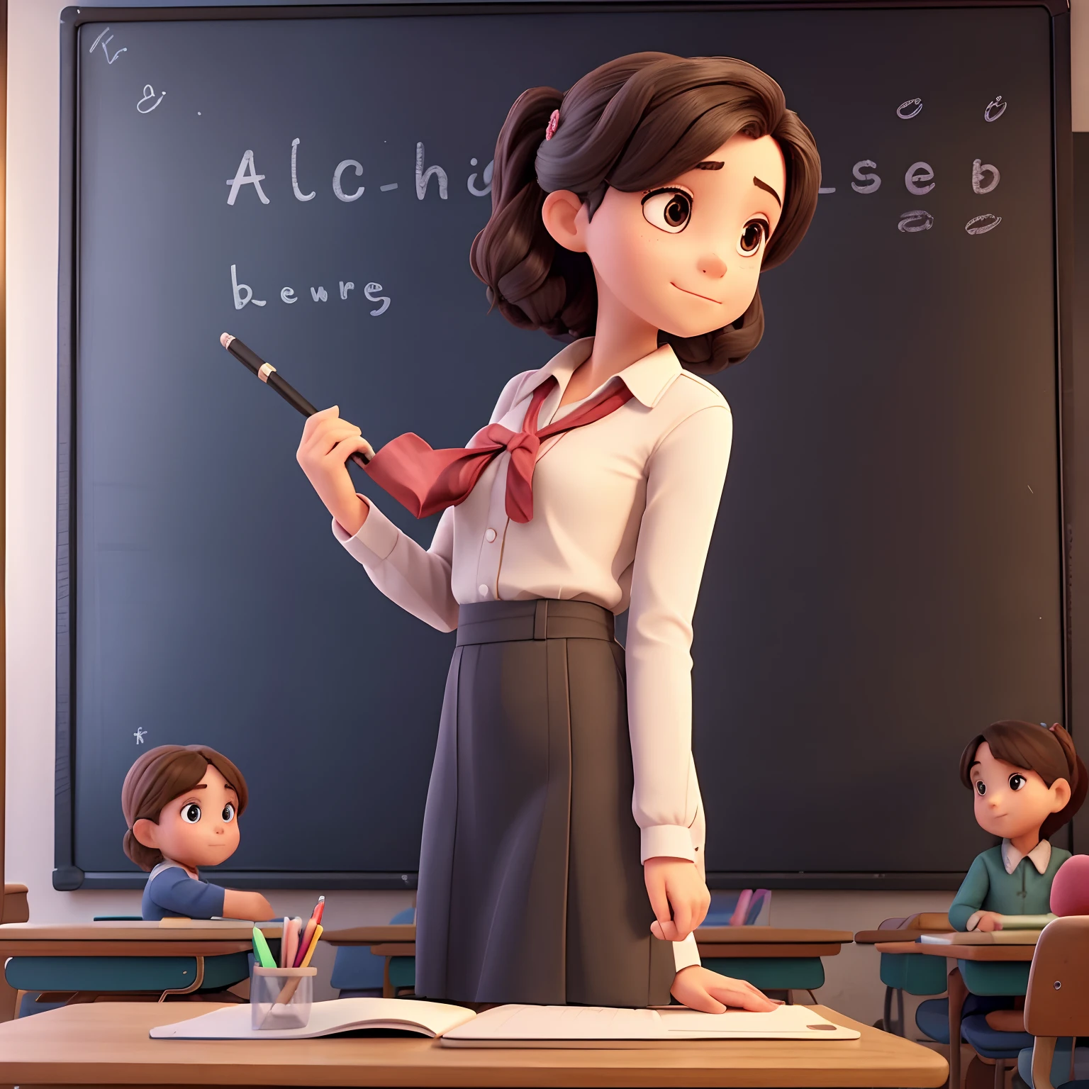 A young beautiful teacher standing in front of the blackboard,One hand writes on the blackboard with chalk,The children listened intently,The character is doubled in size