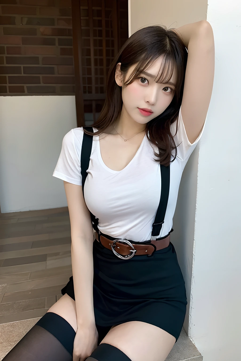 ulzzang -6500-v1.1,(Raw photo:1.2), (Photorealistic:1.4), Beautiful detailed girl, Very detailed eyes and face, Beautiful detailed eyes, Ridiculous, Incredibly ridiculous, Huge file size, super detailed, High resolution, Very detailed, Best Quality, masutepiece,((Enough 2 books))、((Two hands)) 、、((T-shirt)), Illustration, Very detailed, nffsw, unified, 8K Wallpaper, amazing, Fine details, masutepiece, Best Quality, Highly detailed ticker unification 8k wallpaper, Face Light, Movie Lighting, 1girl in, 16 years old, long white hair, side split, (Big breasts), ()), (with glasses), (Dynamic Pose), (Sexy Pose), ((Camel toe))), (half), ((pantyhose)), ((Black hip skirt)), （(Bent knees)）