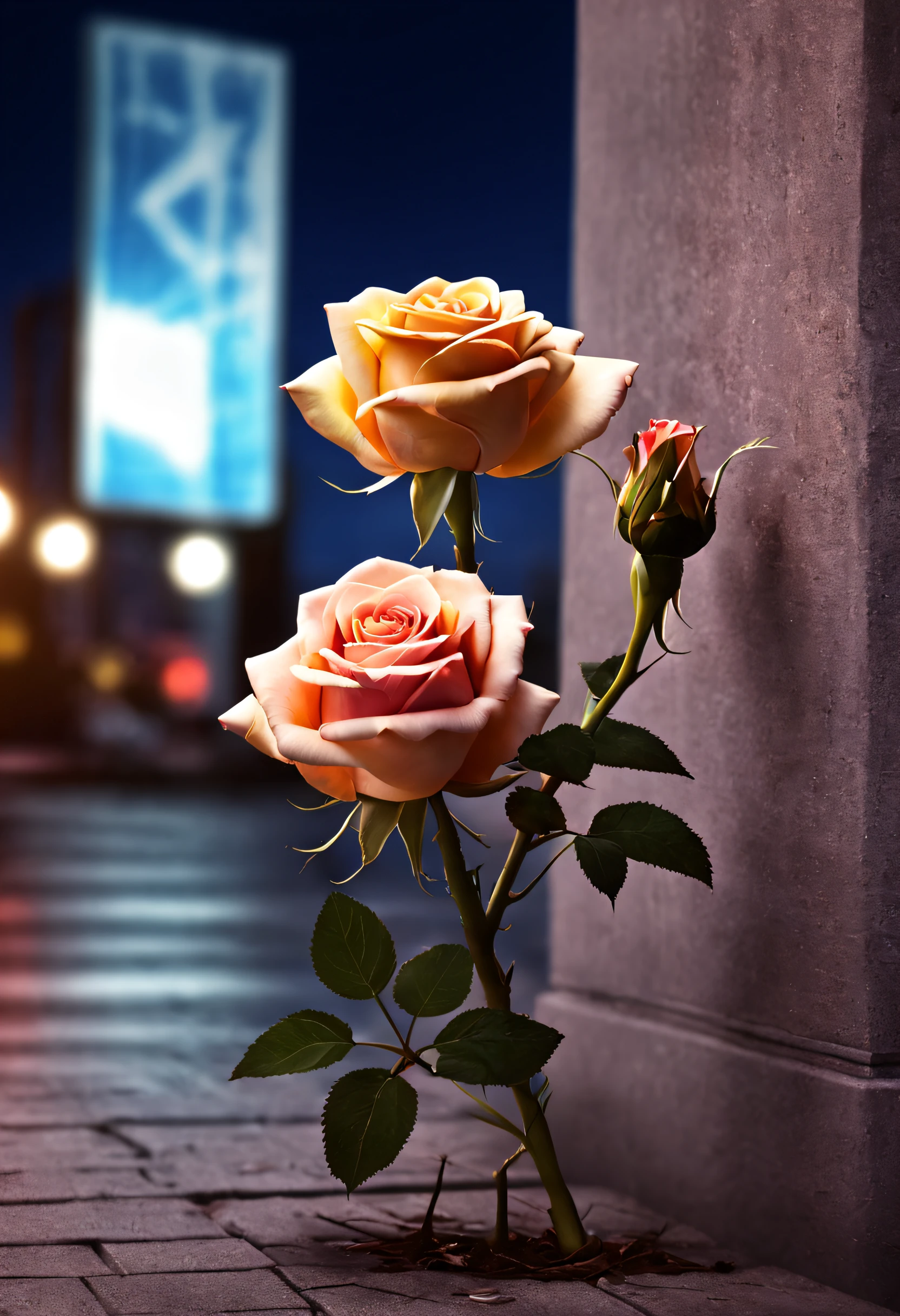 Ultra-realistic colored roses, Grow up on the street, Stems coming out of concrete, Night, silhouette lighting, moonlight illumination, Ultra HD 4K resolution,