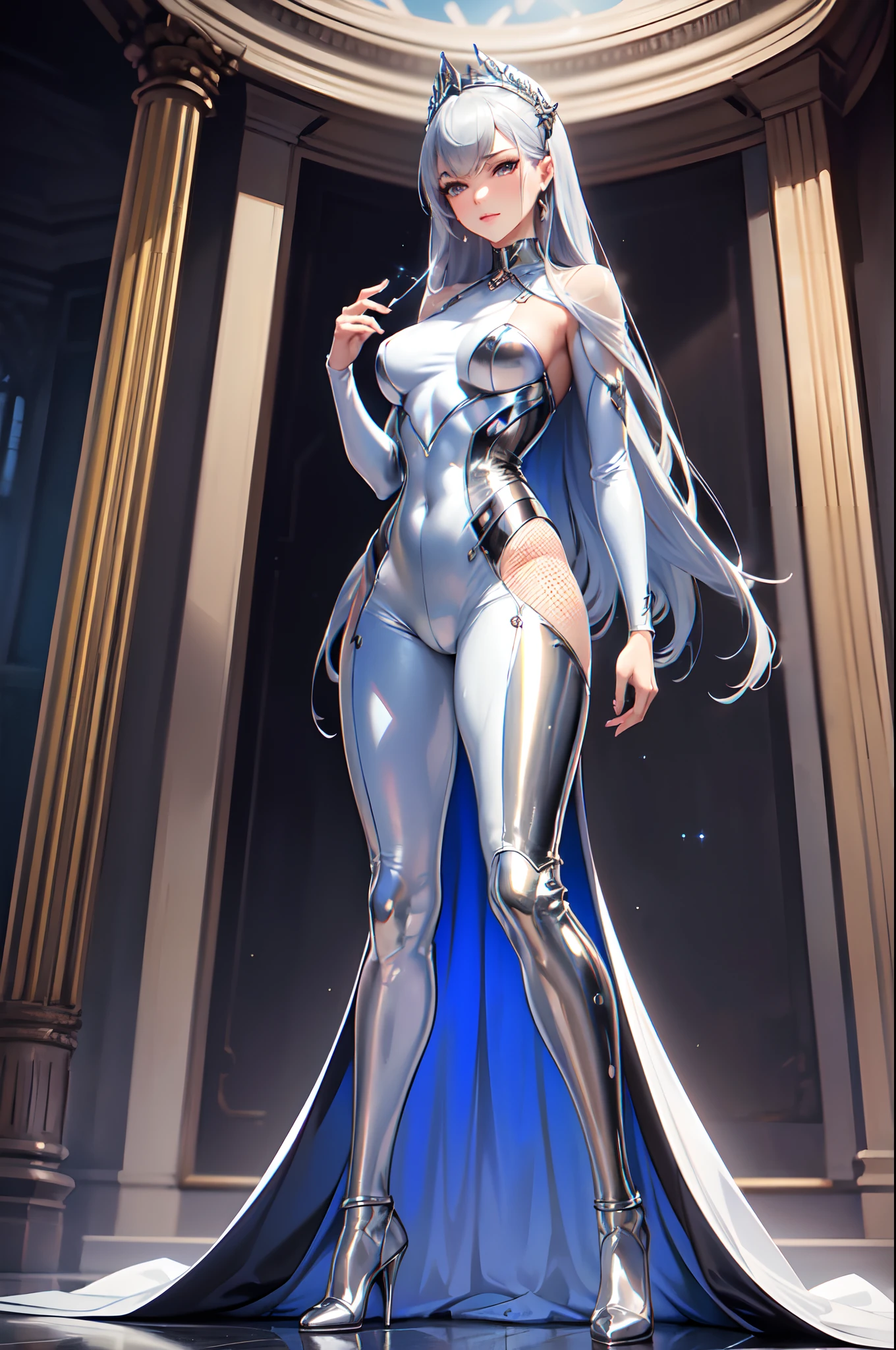 (High quality,High resolution,Fine details,Realistic),((Silver suits)),(((Glossy Full Body Suits))),((suits hides the skin)),solo,Adult Woman,(Fine details eyes),sparkling eyes,smile,blush,Sweat,studio lighting,vibrant colors,sharp focus,dynamic pose,fashionable attire,luxurious background,glowing highlights,elegant composition,long flowing hair,fine fabric texture,impeccable stitching,subtle reflections,graceful movement,eye-catching accessories,captivating aura,immaculate makeup,dramatic shadows,attention to detail,fashion-forward,modern and chic,poised and confident stance,fierce and powerful