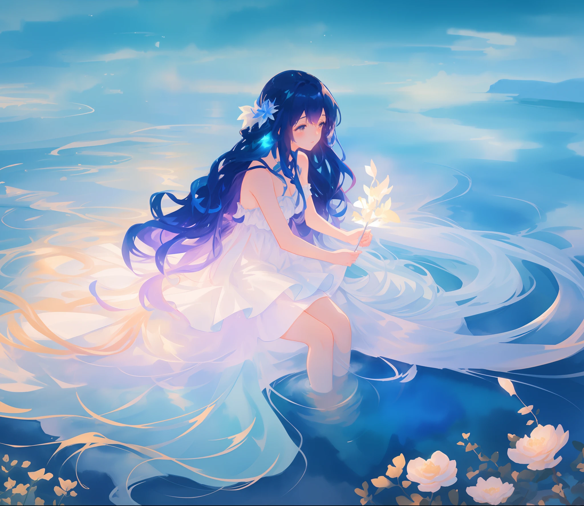 beautiful nude girl covered by seafoam, long dark hair, beautiful girl sitting in the water, private areas covered by seafoam, water nymph, water fairy, watercolor illustration, inspired by Glen Keane, inspired by Lois van Baarle, disney art style, by Lois van Baarle, by Glen Keane, jen bartel, beautiful digital illustration, fantasia otherworldly, beautiful, masterpiece, best quality, anime disney style