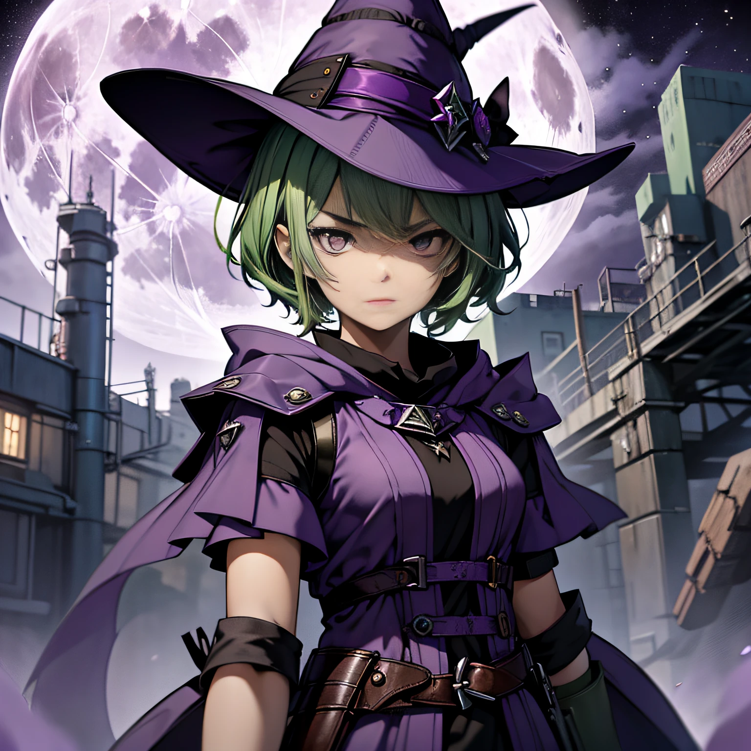 top-quality、extremely delicate and beautiful、(A teenage girl)、Purple Eye、Green hair、short-haired、(purple witch hat)、Purple tie、Tactical Vest、Soio、shortsleeves、Purple skirt、Purple Wizard Robe、Navel、is standing、Facing the front、Expression of hatred、Full moon night on background、Only eyes