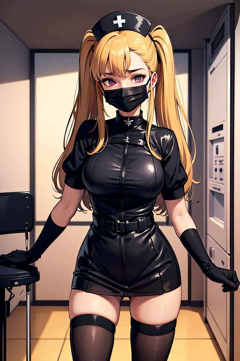 black nurse, 1girl, solo, black nurse cap, black wear, ((black legwear, zettai ryouiki)), black elbow gloves, twintails, yellow hair, purple eyes, ((black surgical mask, covered nose)), standing, ((surgery room)), sharp outline, short sleeves, best quality, masterpiece