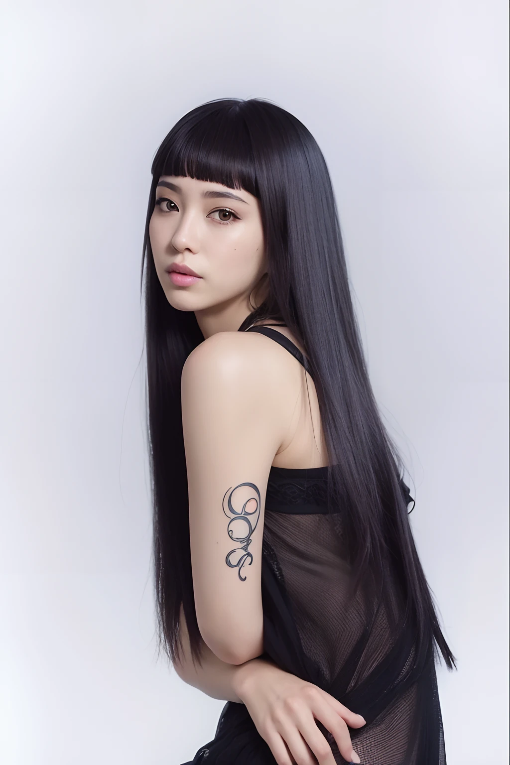 Un primer plano de una mujer con un tatuaje en el brazo, cabello blackbangs cabello, Ella tiene el pelo negro con flequillo, Gongbi, Cabello largo y negro con flequillo, dilraba dilmurat, Retrato de Jossi de Blackpink, de chica taiwanesa con tatuajes, portrait of female Korean idol, cabello negro largo y delgado, Cabello largo con flequillo completo labios gruesos grandes y pomposos expresion neutra