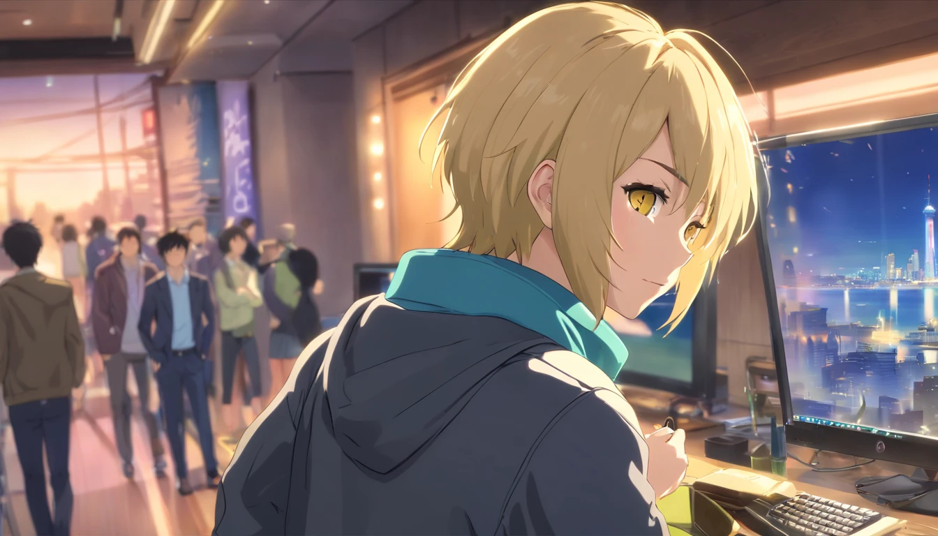 (best quality, highres, realistic:1.37), male, blonde hair, huge ass, black bodysuit, boy, short hair, yellow eyes, skunk、jacket,Shota