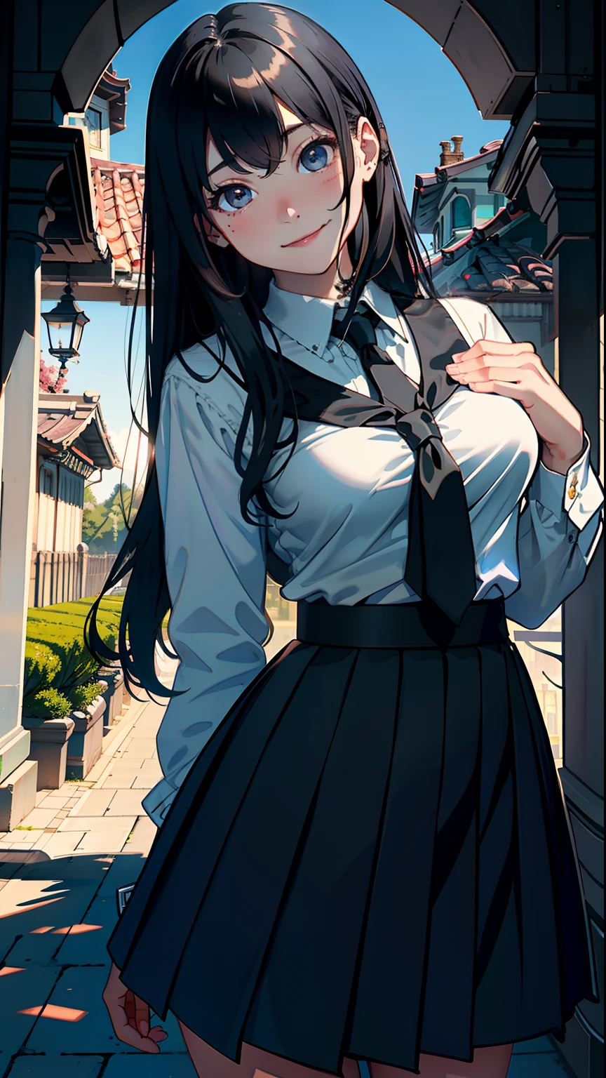 masterpiece, top-quality, Detailed details, Detailed landscapes, beatiful lights, Beautiful Shadows,neat girl, 18year old,hi-school girl、校服、large full breasts、((innocent smiles)),Black eyes,(((tied up long hair))),((super low angle)),detailed skin textures, Tyndall effect