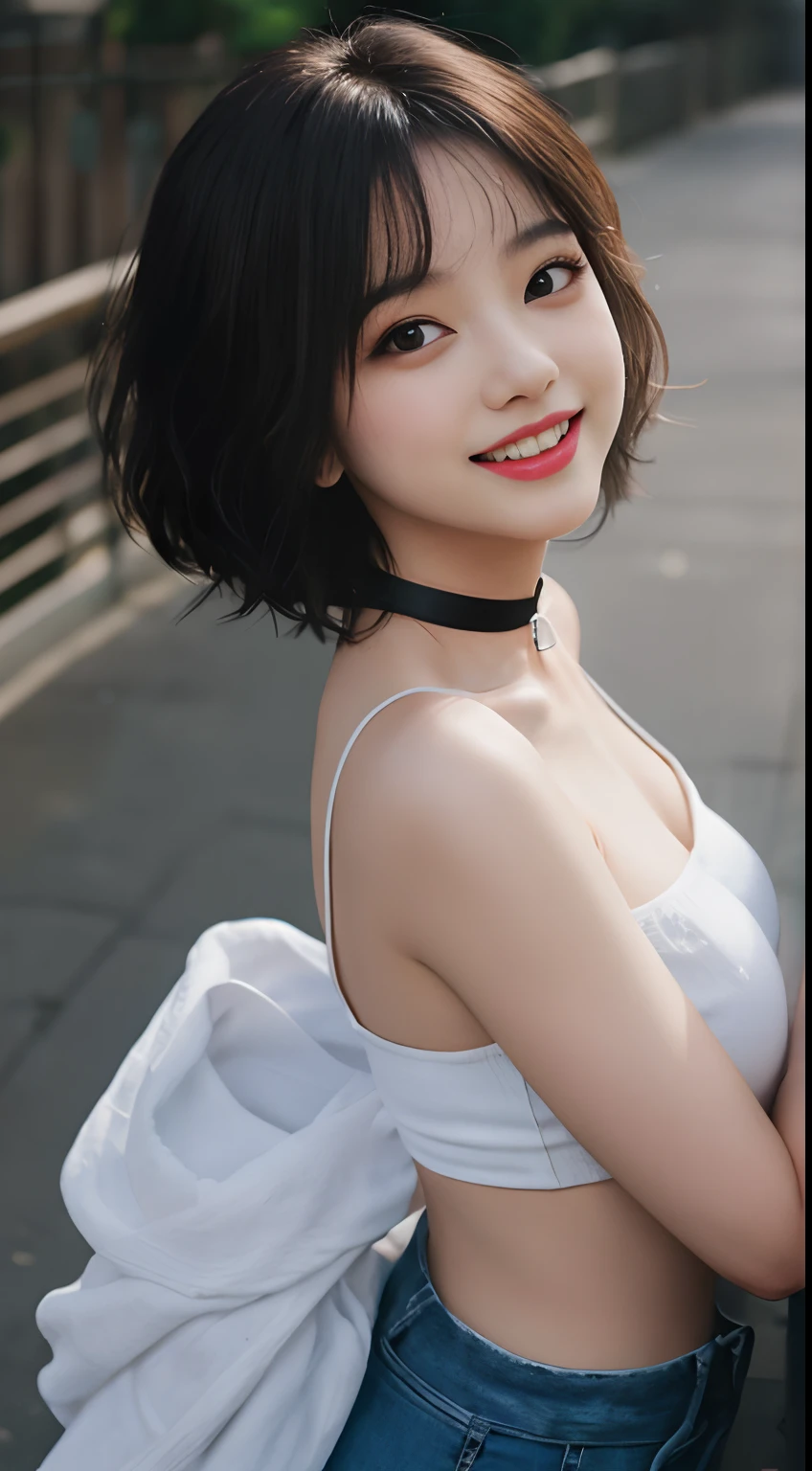 masterpiece, film grains, From above, Upper body photo of a girl wearing white sheer fabric(Short camisole), 独奏, ((hard )), absurderes, realisitic(faces, full bodyesbian, The skin, high-detail skin, Skin pores), (kawaii:1.35), Cuties, fine black eyes, Innocent eyes, teak, a black choker, 耳Nipple Ring, shorth hair, (Messy bob hair), Large breasts、nip, Very short black hot pants、shiny pink lips、write、looking at the viewers、Open your lips、Upper teeth、(smile eyes:0.375)、((Grinning:1.125))、depth of fields、outside of house、Movie Light、blurry backround、eyes focus、bokeh dof、profetional lighting、portlate、photon maping、Radio City、physically-based renderingt、Soft light、(NSFW:1.1)、