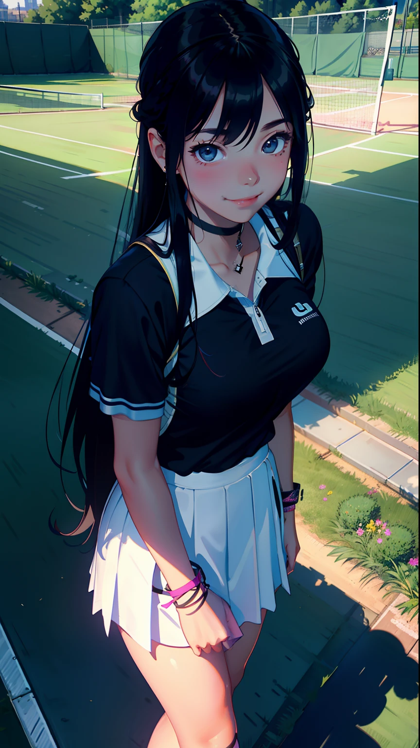 masterpiece, top-quality, Detailed details, Detailed landscapes, beatiful lights, Beautiful Shadows,Neat girl, 18year old,hi-school girl、(Tennis Wear)、large full breasts、((innocent smiles)),Black eyes,(((tied up long hair))),((super low angle)),detailed skin textures, Tyndall effect