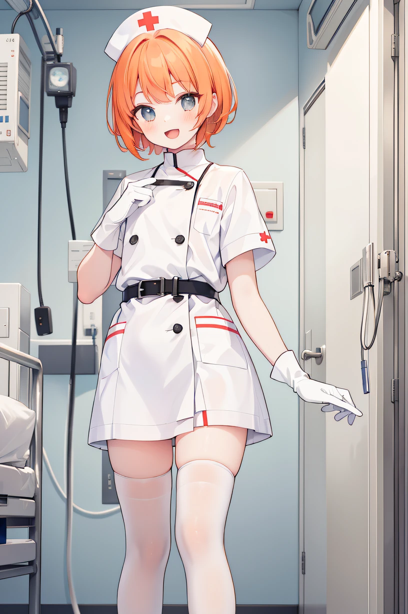 1boy, solo, male focus, nurse, nurse cap, white wear, ((white legwear, zettai ryouiki)), white gloves, short hair, orange hair, smile, open mouth, standing, ((hospital room)), sharp outline, short sleeves, shota, ************, best quality, masterpiece