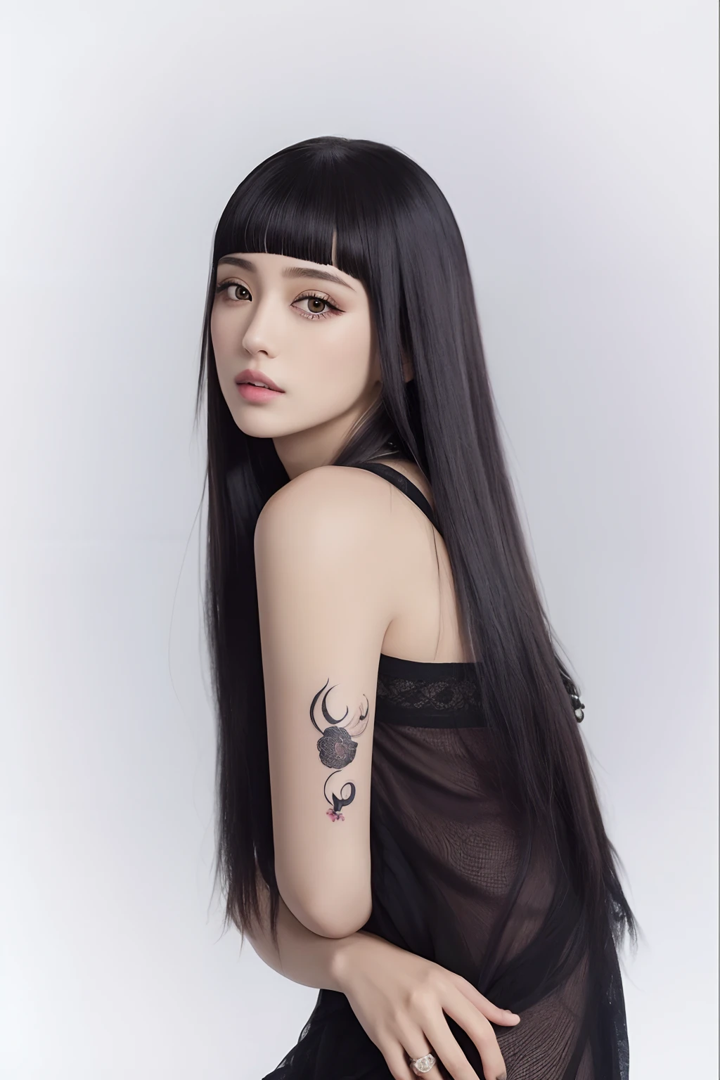 Un primer plano de una mujer con un tatuaje en el brazo, cabello blackbangs cabello, Ella tiene el pelo negro con flequillo, Gongbi, Cabello largo y negro con flequillo, dilraba dilmurat, Retrato de Jossi de Blackpink, de chica taiwanesa con tatuajes, portrait of female Korean idol, cabello negro largo y delgado, Pelo largo con flequillo labios grandes gruesos y pomposos, expresion neutral