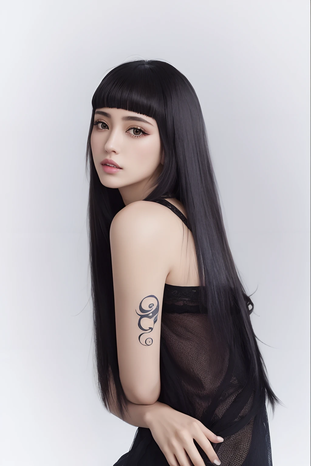 Un primer plano de una mujer con un tatuaje en el brazo, cabello blackbangs cabello, Ella tiene el pelo negro con flequillo, Gongbi, Cabello largo y negro con flequillo, dilraba dilmurat, Retrato de Jossi de Blackpink, de chica taiwanesa con tatuajes, portrait of female Korean idol, cabello negro largo y delgado, Pelo largo con flequillo labios grandes gruesos y pomposos, expresion neutral