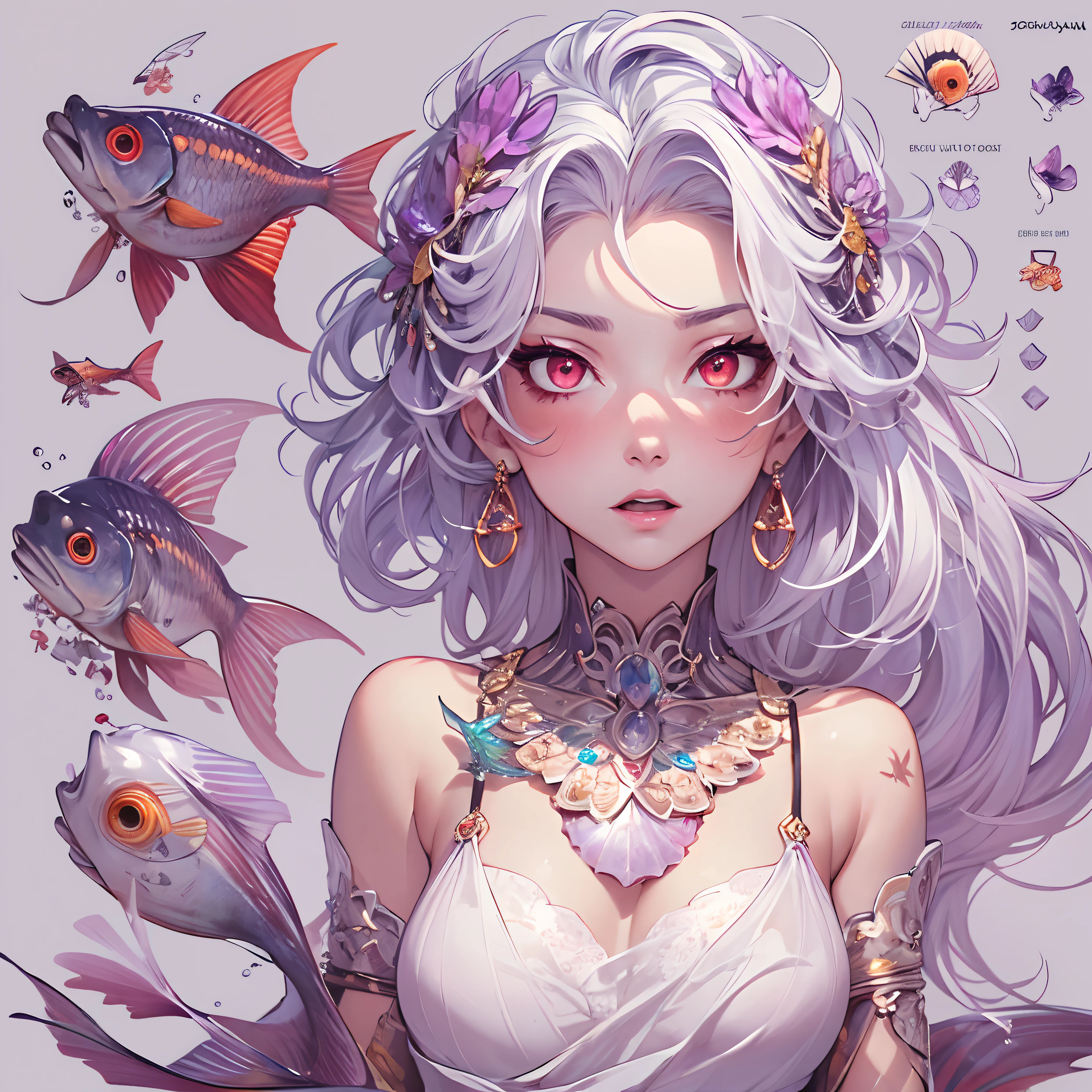 ((Masterpiece, Highest quality)), Detailed face, CharacterDesignSheet, full bodyesbian, Full of details, Multiple poses and expressions, Highly detailed, Depth, Many parts,Beautiful mermaid girl,Human fishtail,estilo fantasia,Extremely beautiful,High Balance, Natural light, Water ripples around, white hair, fish features, red eyes, gills, scales, sea shell hair ornament, red jewellery, angry expression, ((purple tinted skin)), blush, highlights, glossy lips, (((full body))), reference sheet, standing, smirking, glowing eyes,