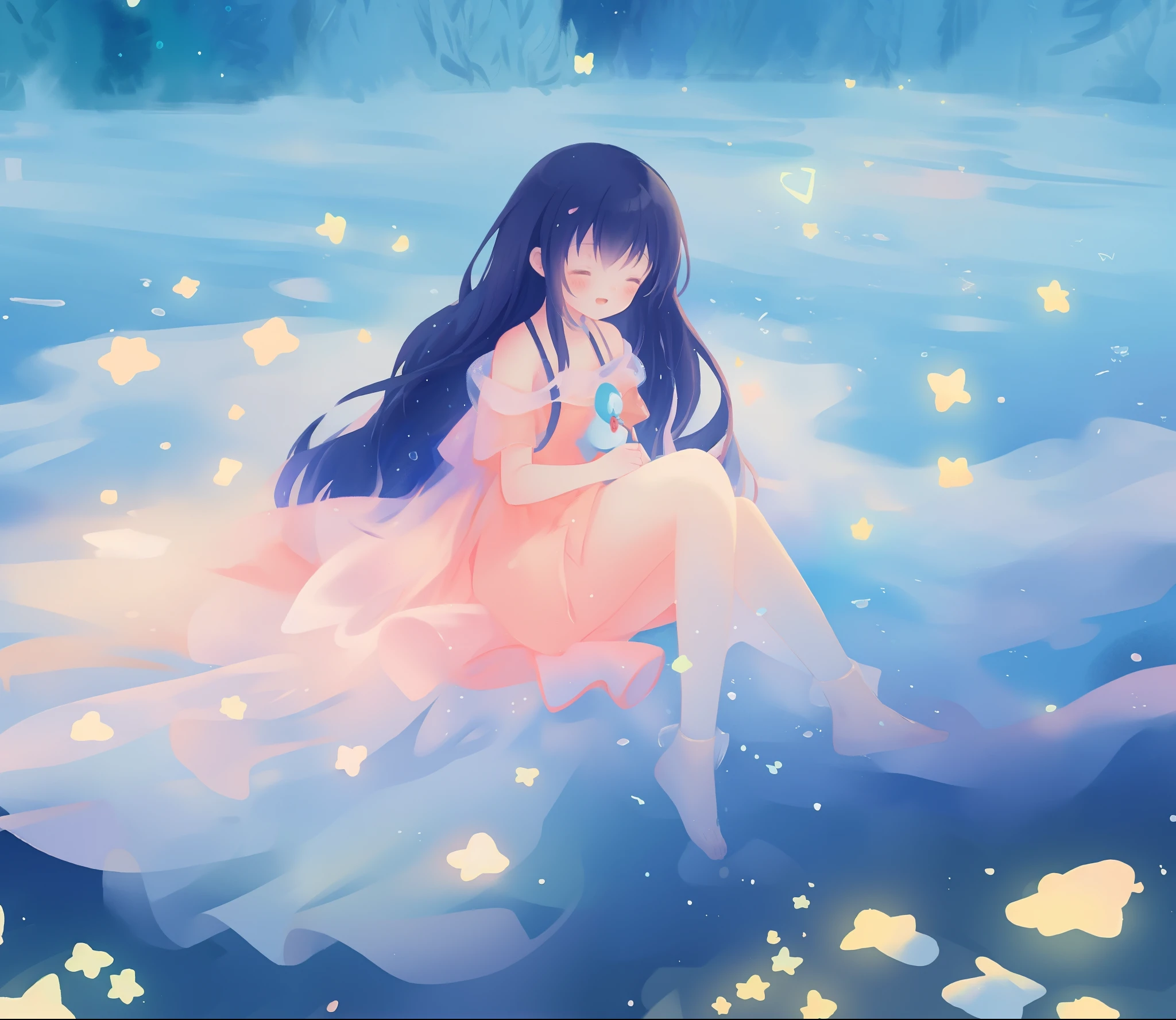 beautiful girl covered by seafoam, long dark hair, beautiful girl sitting in the water, dress made of white seafoam, water nymph, water fairy, watercolor illustration, inspired by Glen Keane, inspired by Lois van Baarle, disney art style, by Lois van Baarle, glowing aura around her, by Glen Keane, jen bartel, glowing lights! digital painting, flowing glowing hair, glowing flowing hair, beautiful digital illustration, fantasia otherworldly landscape plants flowers, beautiful, masterpiece, best quality, anime disney style