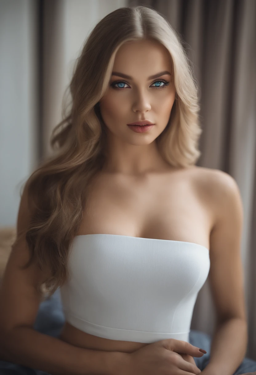 arafed woman fully , sexy girl with blue eyes, ultra realistic, meticulously detailed, portrait sophie mudd, blonde hair and large eyes, selfie of a young woman, bedroom eyes, violet myers, without makeup, natural makeup, looking directly at the camera, face with artgram, subtle makeup,  in bedroom, medium size bust, decent dresses