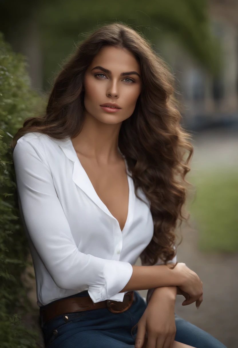 Young brown woman with very long wavy hair, Heterochromia Iridum Green and Brown Eyes, luscious lips, peau blanche, Perfectly Defined Eyebrows. Very slim and muscular with a strong chest and round buttocks, Dressed in a white t-shirt, un blazer bleu electrique, une queue de cheval tirer avec un elastique bleu electrique