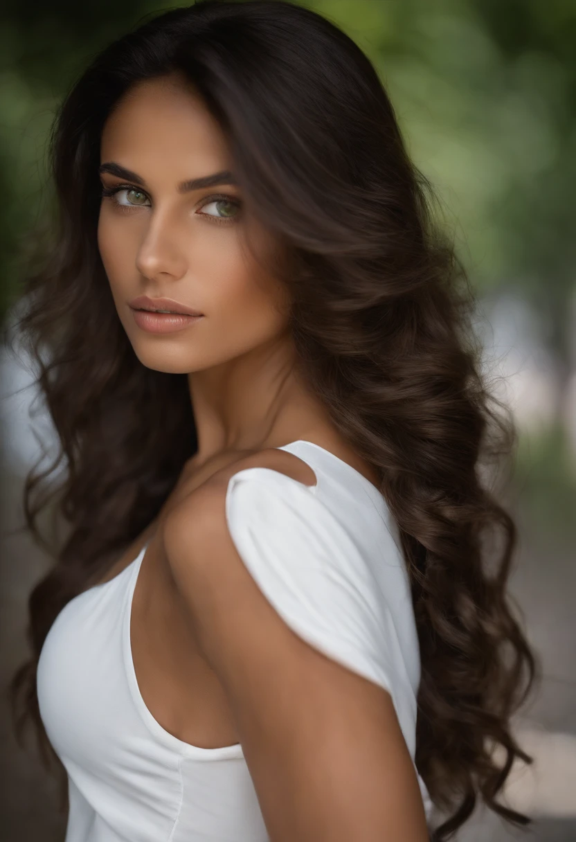 Young brown woman with very long wavy hair, Heterochromia Iridum Green and Brown Eyes, luscious lips, peau blanche, Perfectly Defined Eyebrows. Very slim and muscular with a strong chest and round buttocks, Dressed in a white t-shirt, un blazer bleu electrique, une queue de cheval tirer avec un elastique bleu electrique
