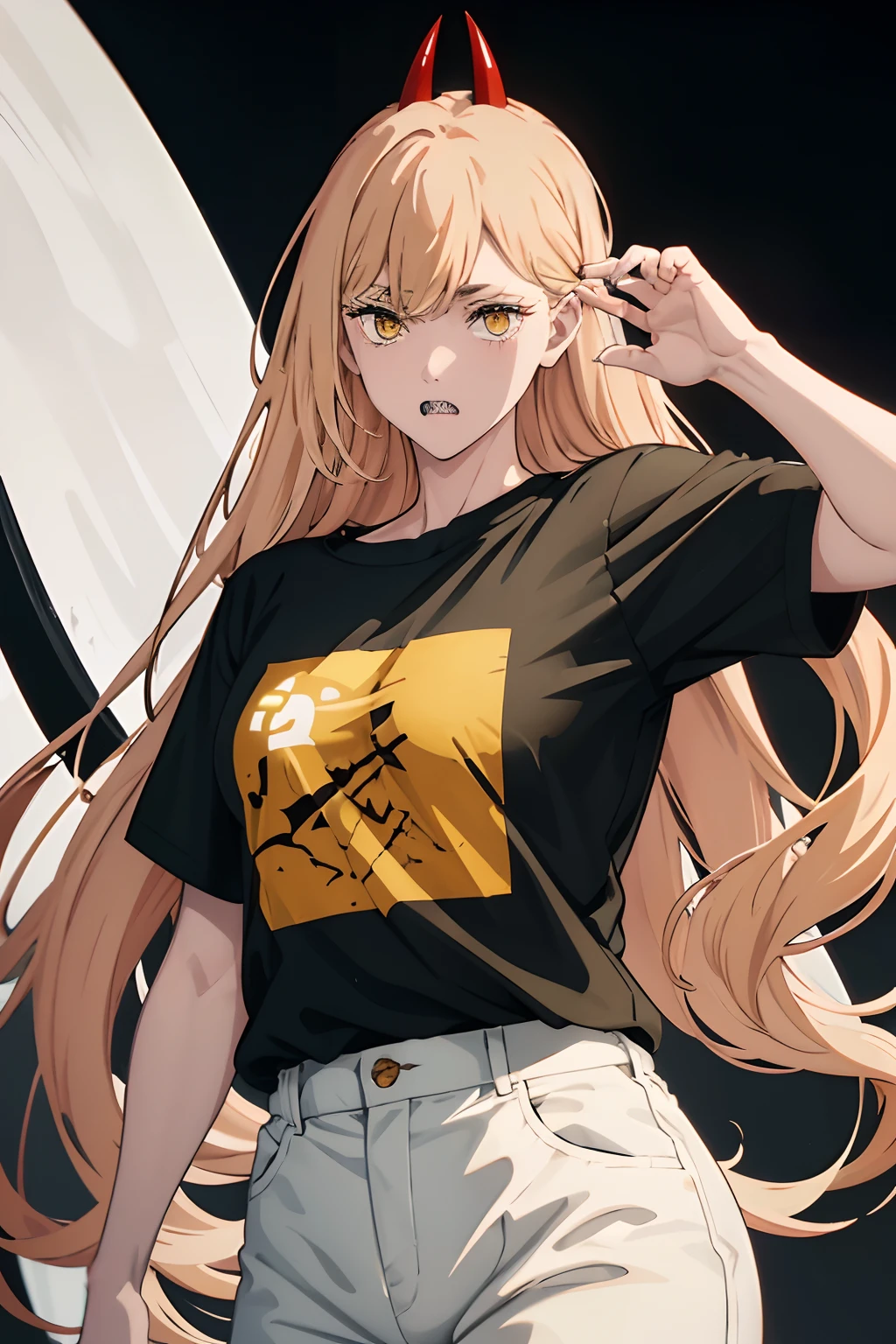 power_csm, blonde hair, yellow eyes, cross-shaped pupils, symbol-shaped pupils, red horns, sharp teeth, black t shirt, oversized black shirt, long shirt, black pants, 1girl, standing, open pose, looking at viewer, upper body, photoshoot, white plain background.