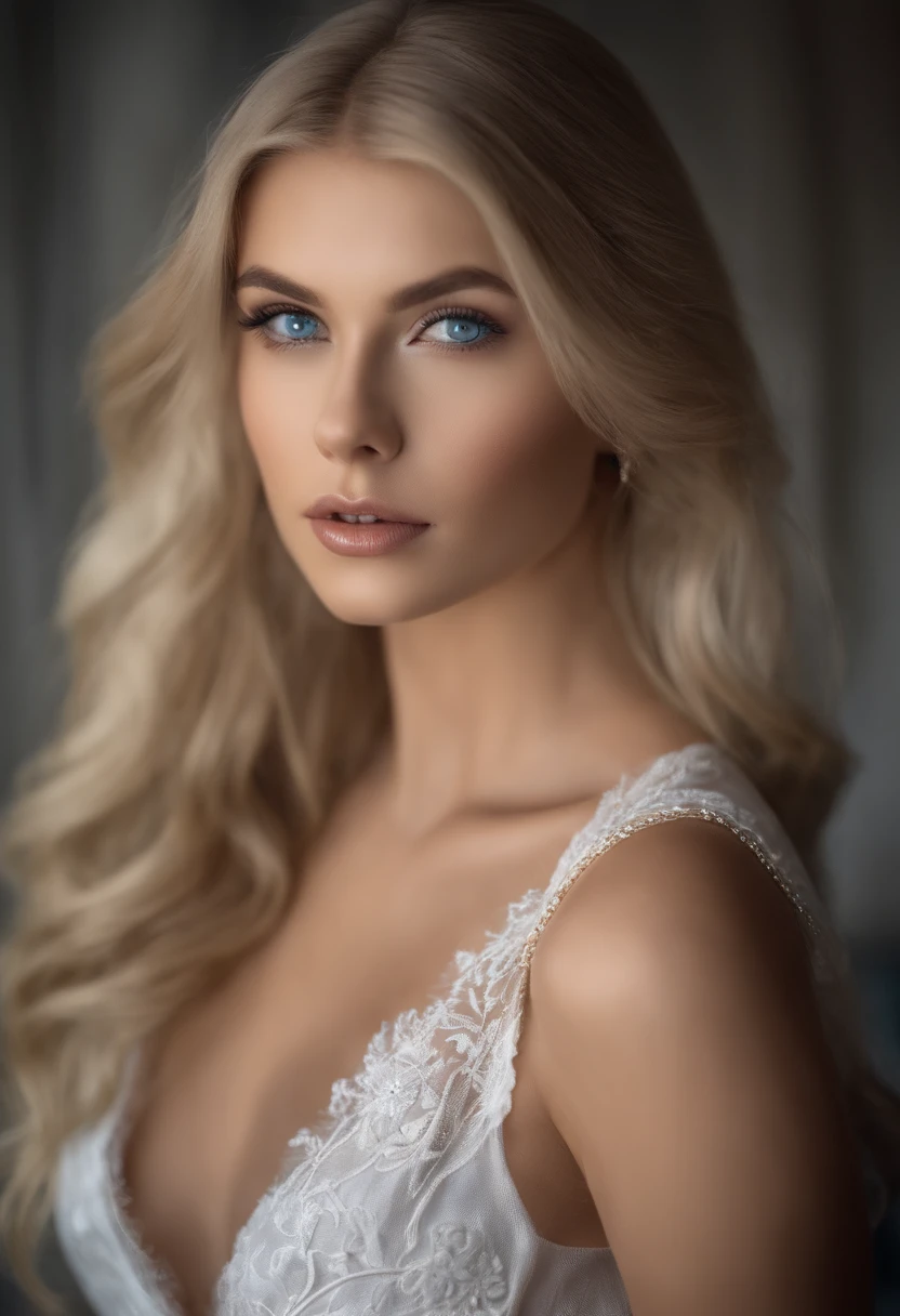 Arafed Frau in vollem Umfang , Sexy girl with blue eyes, Ultra-realistisch, Meticulous details, portrait sophie mudd, blonde hair and large eyes, Size, bare breasts,, Violet Myers, kein Make-up, Natural makeup, Blick an der Kamera Vorbei, Gesicht mit Artgram, feines Make-up, Stunning full-length recording, auf dem Bett knien, im Schlafzimmer, medium to large bust size, sexy Blick, Lippenstift, auf einem Maisfeld