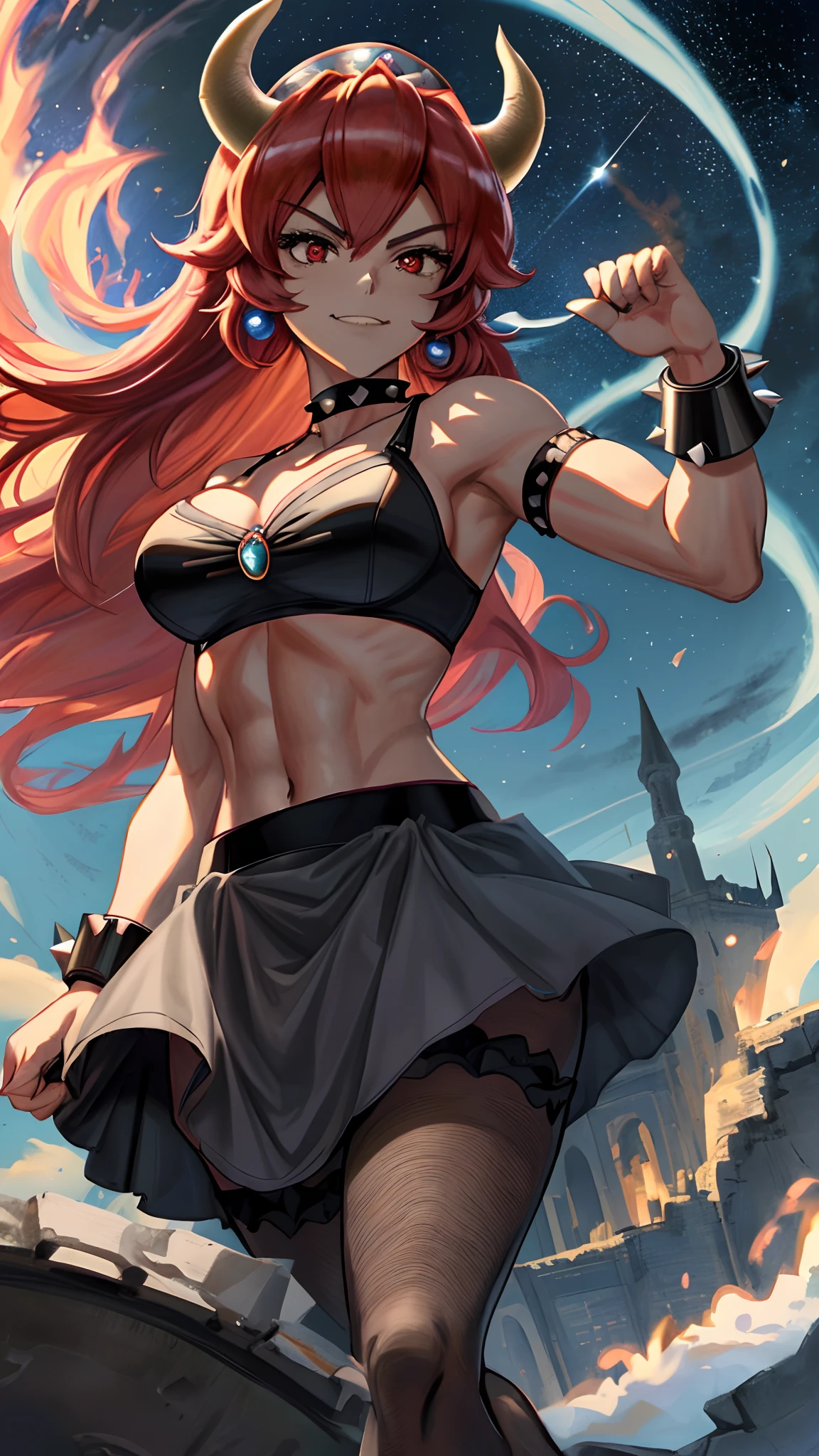 [redbowsette], [Princess_Peach], [Uploaded to rule34.xxx; (suoiresnu), (nekololisama)], ((masterpiece)), ((HD)), ((solo portrait)), ((front view)), ((anime)),  ((beautiful render art)), ((detailed shading)), ((intricate detail)), {bowsette; (athletic body), dark skin, cute red eyes, long eyelashes, long red hair, (gorgeous wide hips), (beautiful muscular legs), (thick thighs), (defined arm muscles), (defined abs), (smug smirk), (sharp white teeth)}, {(short black dress), (black bra), (midriff), (spike bracers), (spike choker), (red pendant on chest), (spike red earrings), (black heels), (fishnet pantyhose), (upskirt black panties)}, {(standing), (looking at viewer), (dynamic pose)}, [Background; (castle ruins), (Volcano), (dark starry sky), (lava), (smoke)]