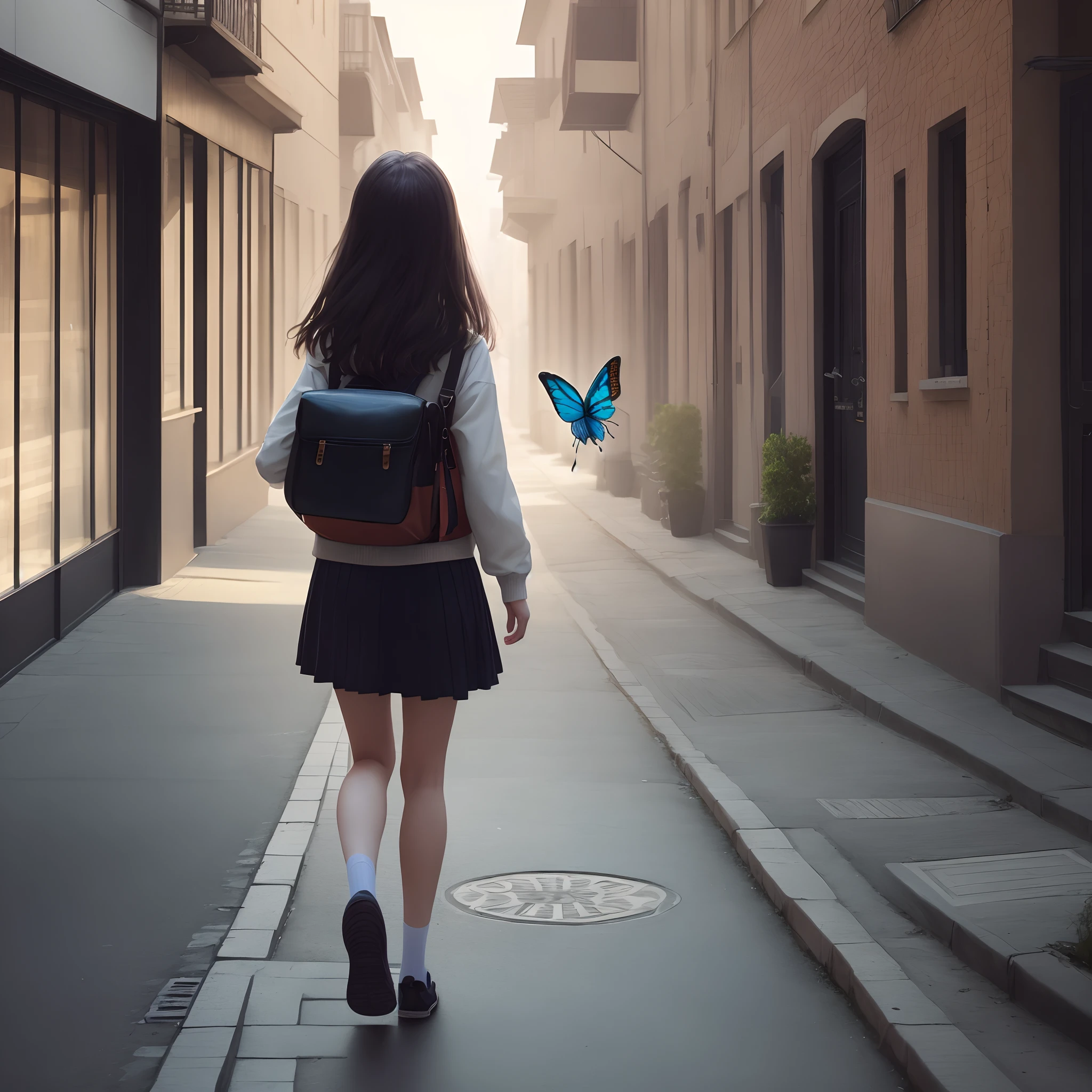 A girl is walking down the street by herself and a butterfly talks to her