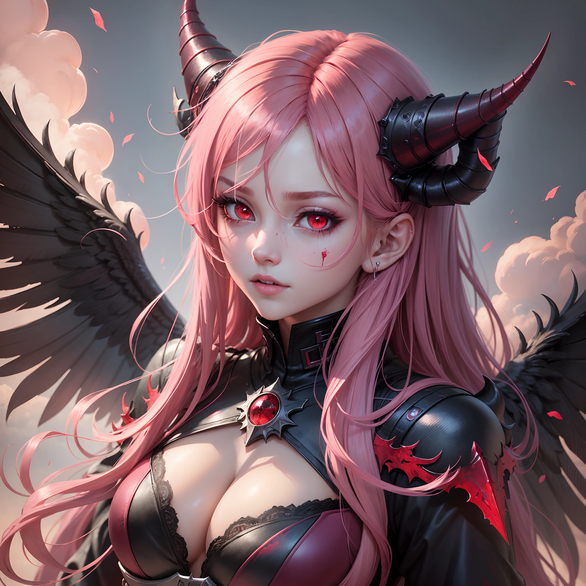 Best quality, masterpiece,blood red eyes, pink hair,large breastsbest quality,dark light,look at view,face blood,devil girl,horns on head,blue wings,same divisiondark --auto --s2