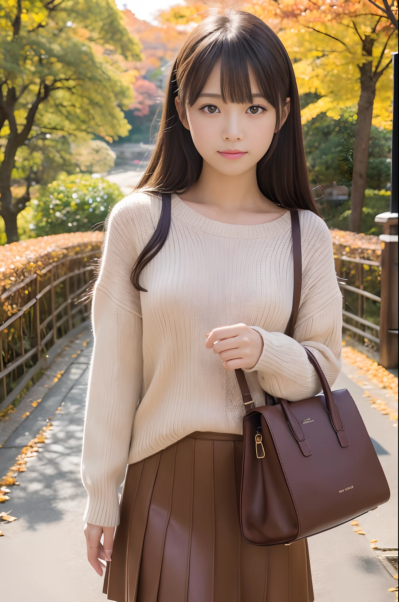 (Raw photo:1.2), (Photorealistic), Beautiful detailed girl, Very detailed eyes and face, Beautiful detailed eyes, Huge file size, High resolution, Very detailed, Best Quality, [masutepiece:1.6], Illustration, Very detailed, Fine detail, Best Quality, 8K Wallpaper, Movie Lighting, Japan idols when they , Parking on the mountain, female students,  Slim body, Immature body, Young Face, Brown sweater, Nothing is worn underneath, White panties are visible, White shoes, Small bag, Autumn view of Japan, amazing view, Trees with autumn leaves々, Clear sky in autumn, Refreshing air