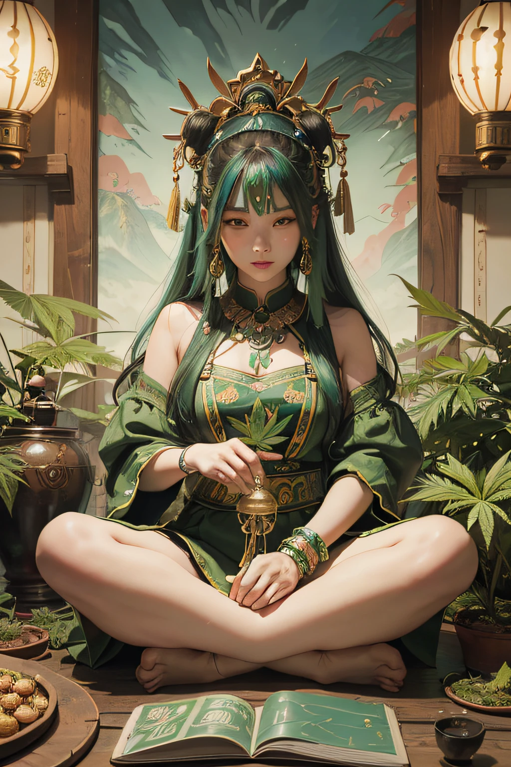 「Create abstract artwork that captures the historical context of cannabis。It depicts a cannabis trip to Japan during the Yayoi period、Embrace elements inspired by ancient civilizations, Culture of Central Asia, etc.。Explore the contrast between traditional farming methods and the symbolic role of cannabis。」Cannabis in religious and cultural ceremonies。vivd colour、Complex pattern、Using Flow Shapes、Face that is、Face that is、Face that is、Face that is、It expresses the evolution of cannabis over time and its importance to humanity。