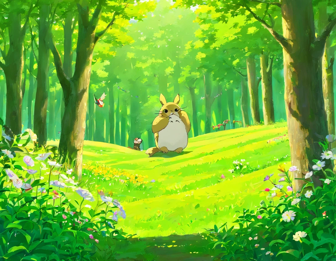 （Yellow Mahjong））；（green forest），grassy fields，rios，fresh flowers，Black notes；Q version cartoon art style，Sparrow stands at the head of the branch，It is surrounded by green forests