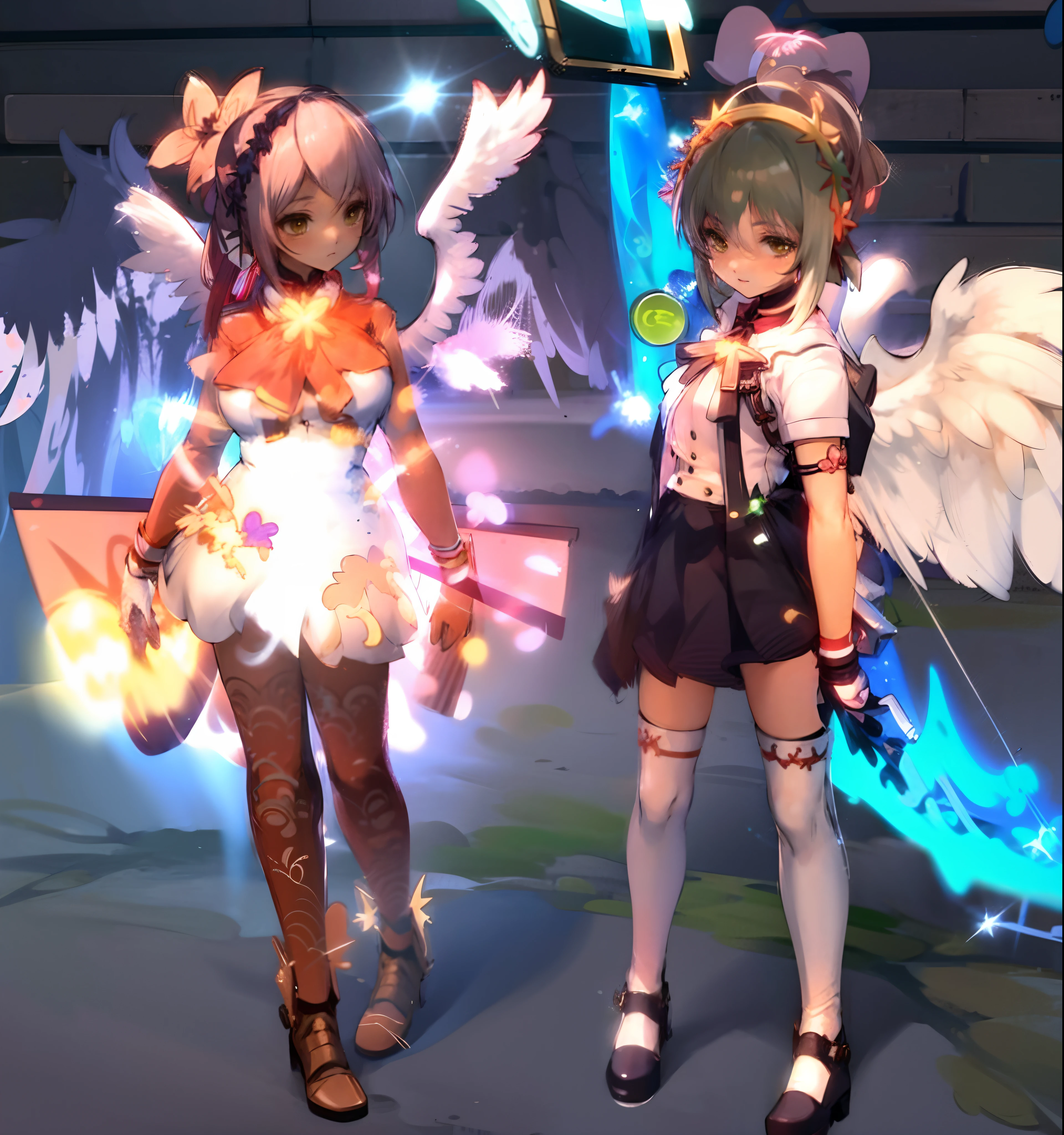 two anime characters dressed in costumes and holding swords, <mmorpgs scene, medium shot of two characters, blade and soul, npc with a saint\'s halo, angel knight girl, jrpg fashion, from the azur lane videogame, npc with a saint's halo, mmorpg, nixeu and sakimichan, ragnarok online, 2 angels, epic angel wings