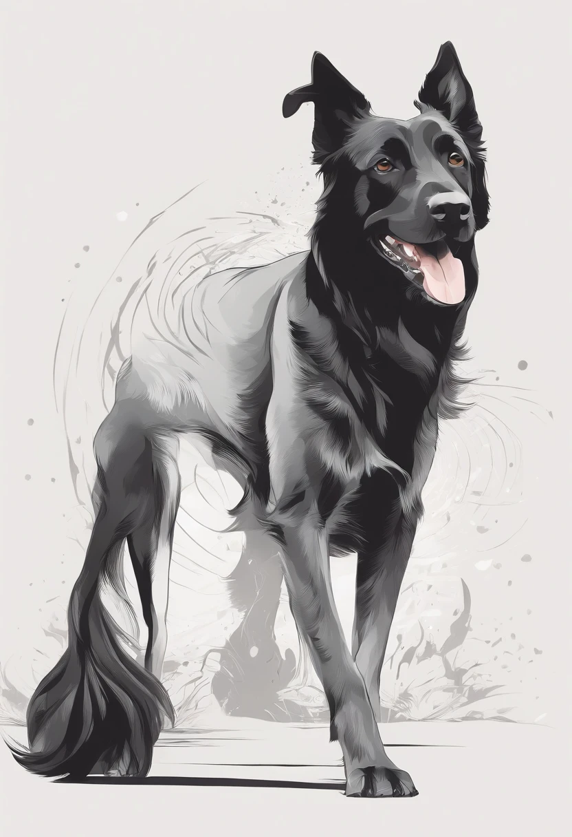 Vector art illustration of a black mutt dog with short legs, com barbicha grisalha e pelo espetado, fazendo bola de chiclete, Crisp design, Monochrome gray color, respingo de magia negra, Tetradic pastel colors, vetor 3d Studio Ghibli, Aquarela--v 5.2