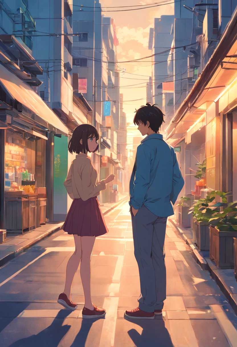 A man and a woman were standing opposite each other，the background is the street，夏天