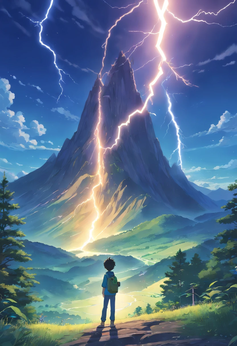 Page manga en plusieurs vignettes avec ce senario

"Create an image illustrating a 12-year-old boy's scenario, ..max, who discovers a mysterious pendant while hiking in the mountains. The pendant emits an electric blue glow and appears to be related to lightning. Montrez ..max en train de tenir ce pendentif dans sa main, with a bolt of lightning shooting from the sky to touch him. The boy looks at the scene with a mixture of astonishment and excitement. The mountain and the surrounding nature should frame the scene, adding to the mystical and adventurous atmosphere of discovery."