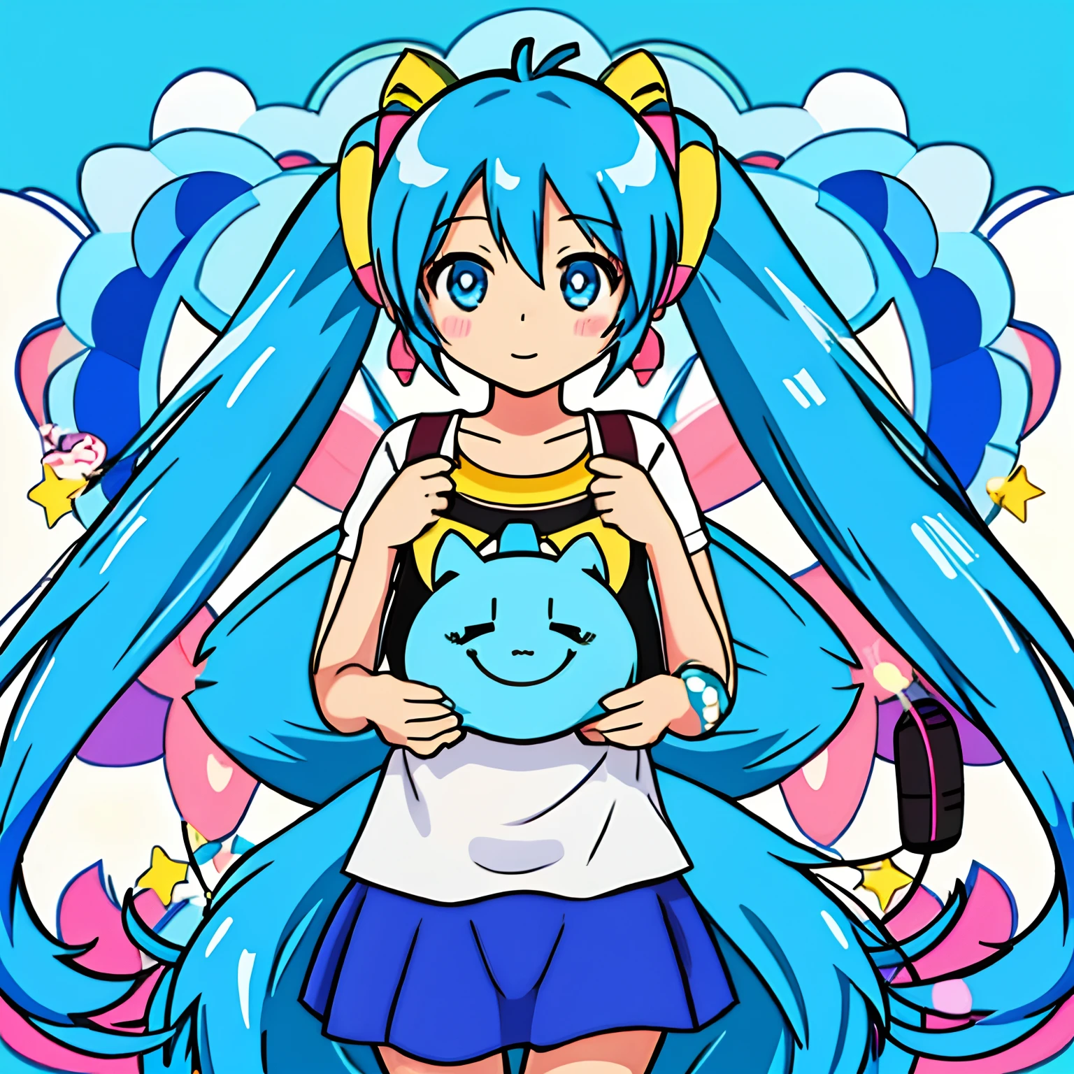 miku hatsune、tiny chest、Big eyes、Blue-haired、Twin-tailed、microphone、White background、Chest illustration、cute little、Shoujo manga style、without background、eyes large