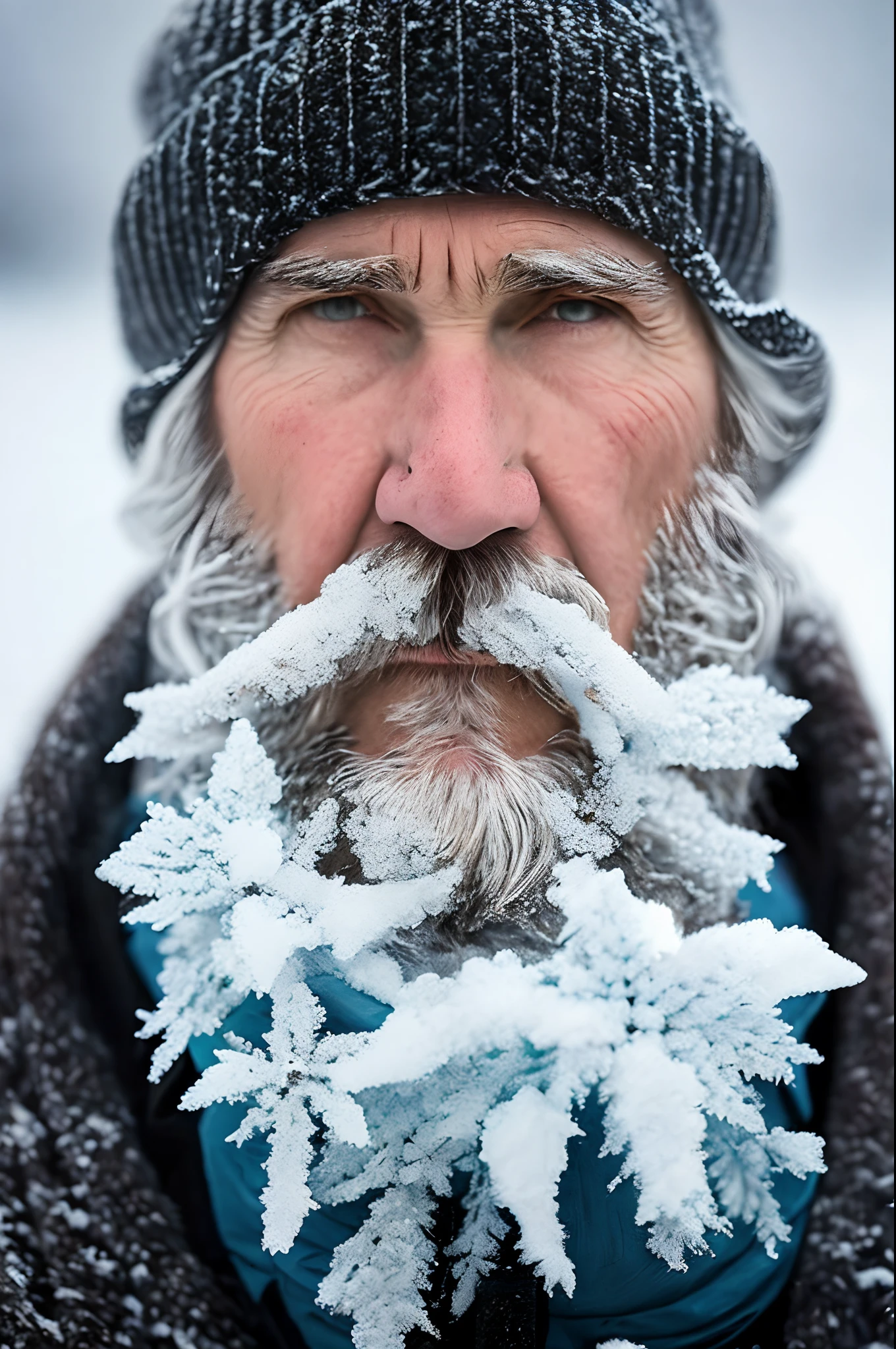 (8K, 16 K, masutepiece, Raw photo, Highest Quality, Top resolution, Works of famous artists, ultra detailed photographic), (Lime Ice: 1.1),Bearded, Wear a matte hat, wearing ice crystals, intense cold, Covered in ice, Snow-white beard, Frozen cold gaze, Norwegian Men, neat white beard and hair,, Old Cowboy in the Arctic Circle, long white beard, Male polar explorer, grizzled beard, (Beard covered with frost: 1.3), (Frozen beard: 1.1), snow country, Close-up of face, Old man with wrinkles, long beard, White breath, Knitted Cap, Frigid cold, Ice beard, Beard made of snow and ice, Beard made of frost,