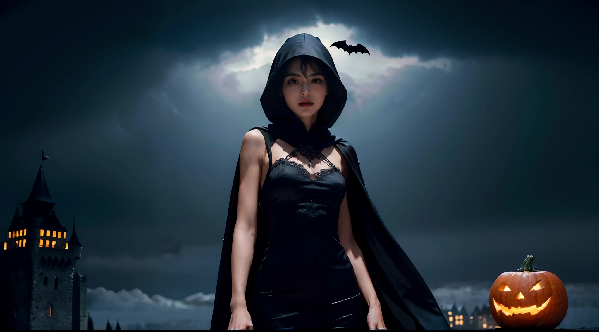 (shoulder length straight short black hair:0.9), （Extremely meticulous CG 8k wallpaper），（Extremely refined and beautiful），（Masterpiece），（best qualtiy：1.0），（Ultra High Resolution：1.0），beautiful light up，Perfect lightning，realistic shaded，[A high resolution]，Smooth and flawless fair skin，Extremely exquisite facial details,(perfect body:1.1），ultra - detailed,A beautiful girl,small head,(Small breasts:1.1),Flat chests,slim,thin,Smile,cheerfulness,(Gorgeous black hooded cloak:1.5),(maxi Gorgeous black lace princess evening dress:1.3),(high heels:1.3),(on castle tower:1.5),(halloween night:1.3),night scene,(pumpkin:1.3),(many bats flying in air:1.2),Portrait photo,from front,(cowboy shot:1.2),(close shot:1.2),(upper body:1.2),standing