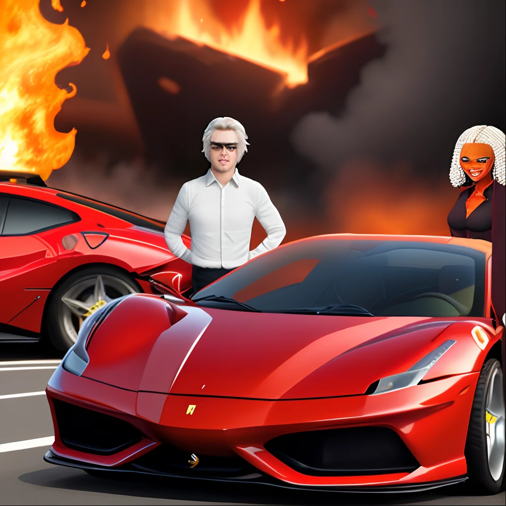 Popeyes with diamond grills , in red Ferrari, with a women around him , and fire in the background