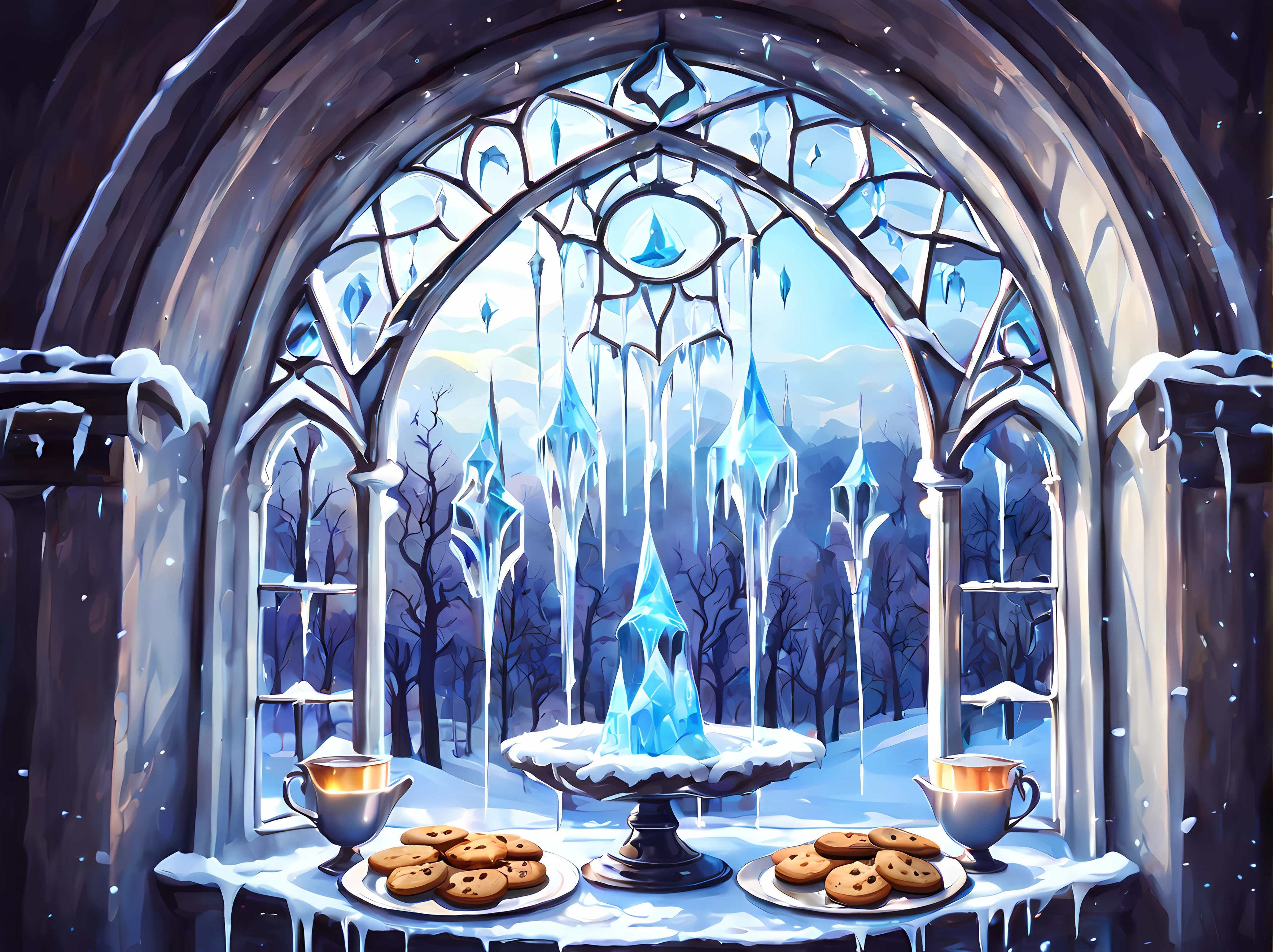 (colorful cartoon:1.3), (((behind the round gothic window covered with sharp icicles))), (((elegant icy dishes with cookies))), rustic, breathtaking, 4k, ultra high quality, shiny, romantic, (epic fantasy scenery behind the windows), (((shiny ethereal sparkles))), ((frosty window)), (((icicles)))