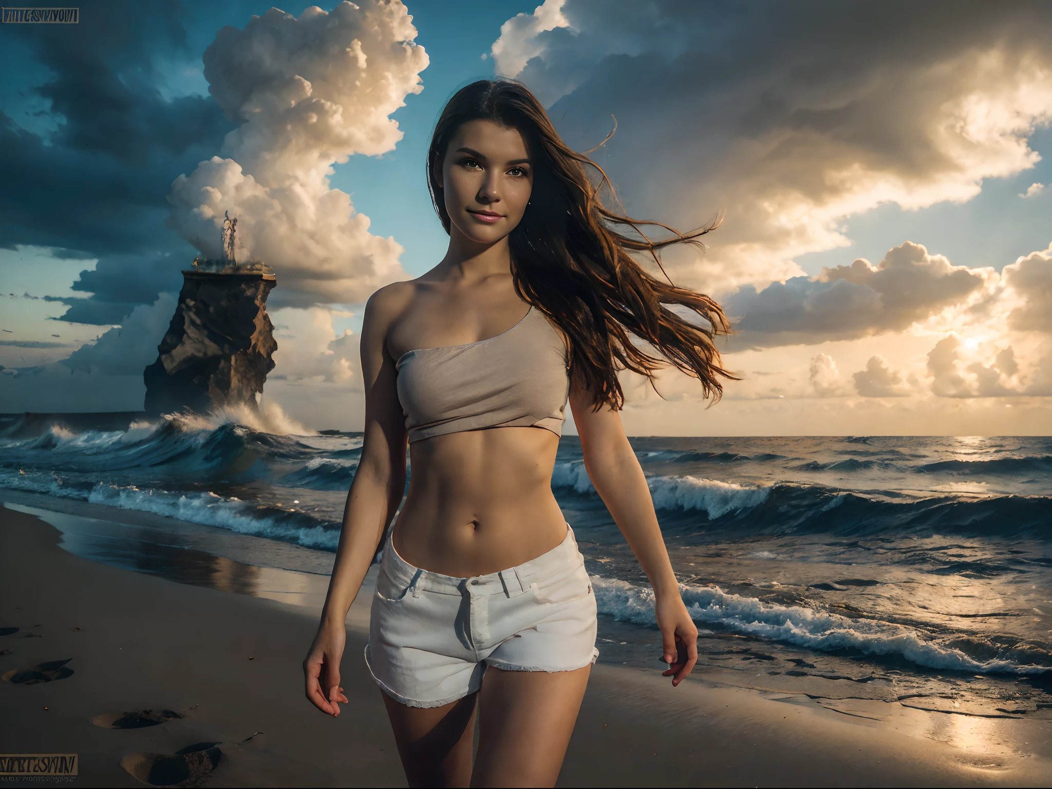 A slim, beautiful young Norweigian woman with large breasts, walking on a sandy beach, at water's edge, mysterious expression, hint of a smile, long hair, straight hair, ripped white shorts, wearing crop top, (low cut top), dark stormy sky, clouds, wind, palm trees blowing, rough surf, huge waves crashing on shore, 8 k [sensual lighting], ethereal lighting, night outdoors, under the stars, 4k extremely photorealistic, cgsociety uhd 4k highly detailed, trending on cgstation, night time