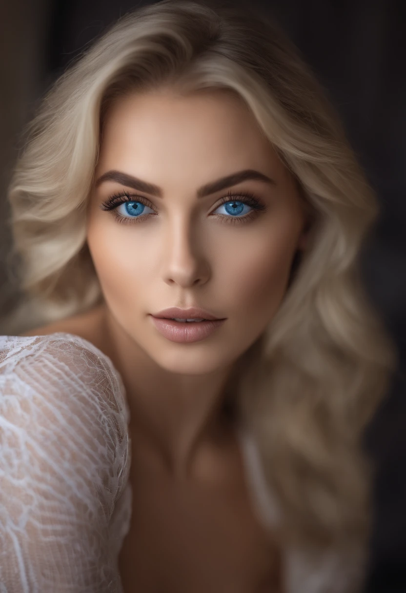 Arafed Frau in vollem Umfang , Sexy girl with blue eyes, Ultra-realistisch, Meticulous details, portrait sophie mudd, blonde hair and large eyes, Size, bare breasts,, Violet Myers, kein Make-up, Natural makeup, Blick an der Kamera Vorbei, Gesicht mit Artgram, feines Make-up, Stunning full-length recording, auf dem Bett knien, im Schlafzimmer, medium to large bust size, sexy Blick, Lippenstift, auf einem Maisfeld