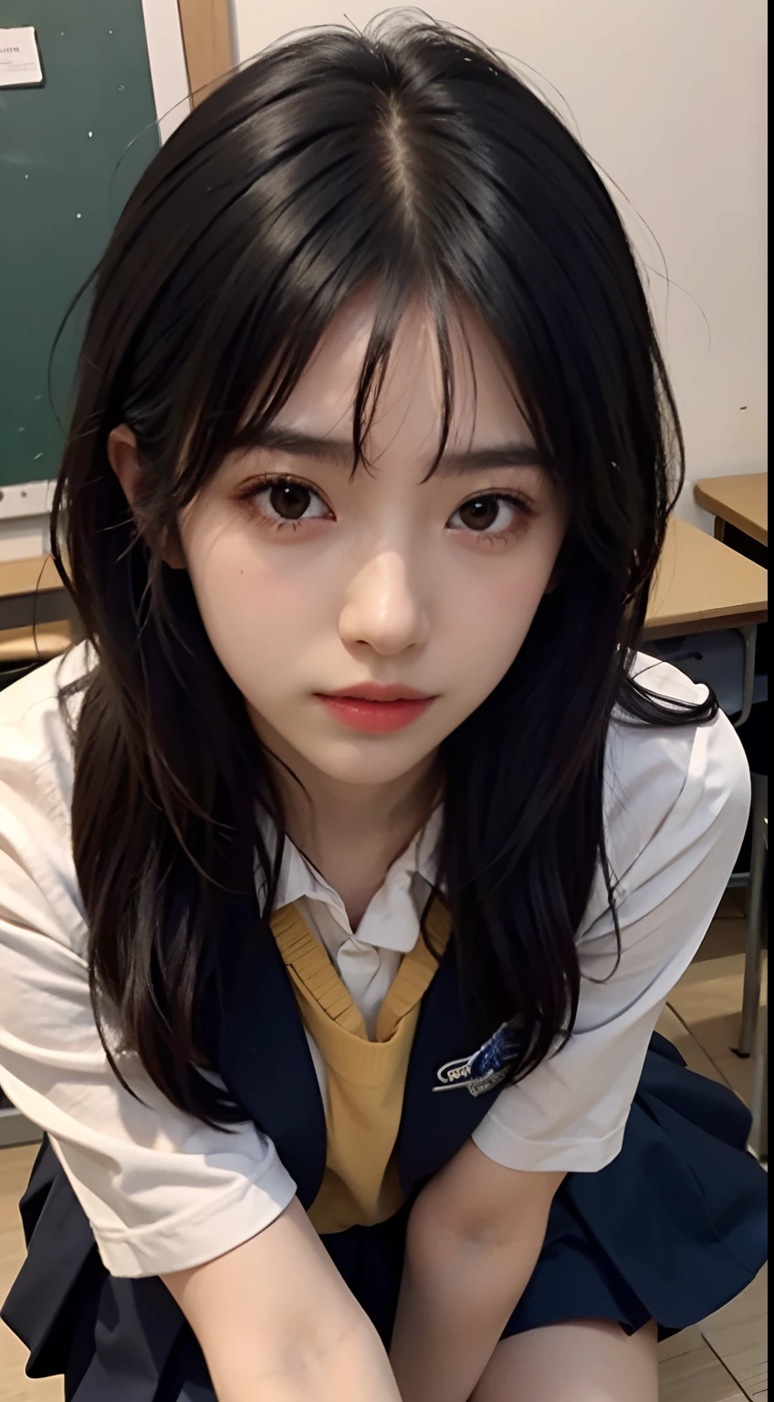 ((Idol-level girls)), master-piece, best picture quality, ultra-detail, (School Clothing+perfectbody:1.3), (perfect face+lens+disheveled hair+They have short black hair.), Close-up of, Audience view, She bent down and bent down to meet the eyes of the audience.。