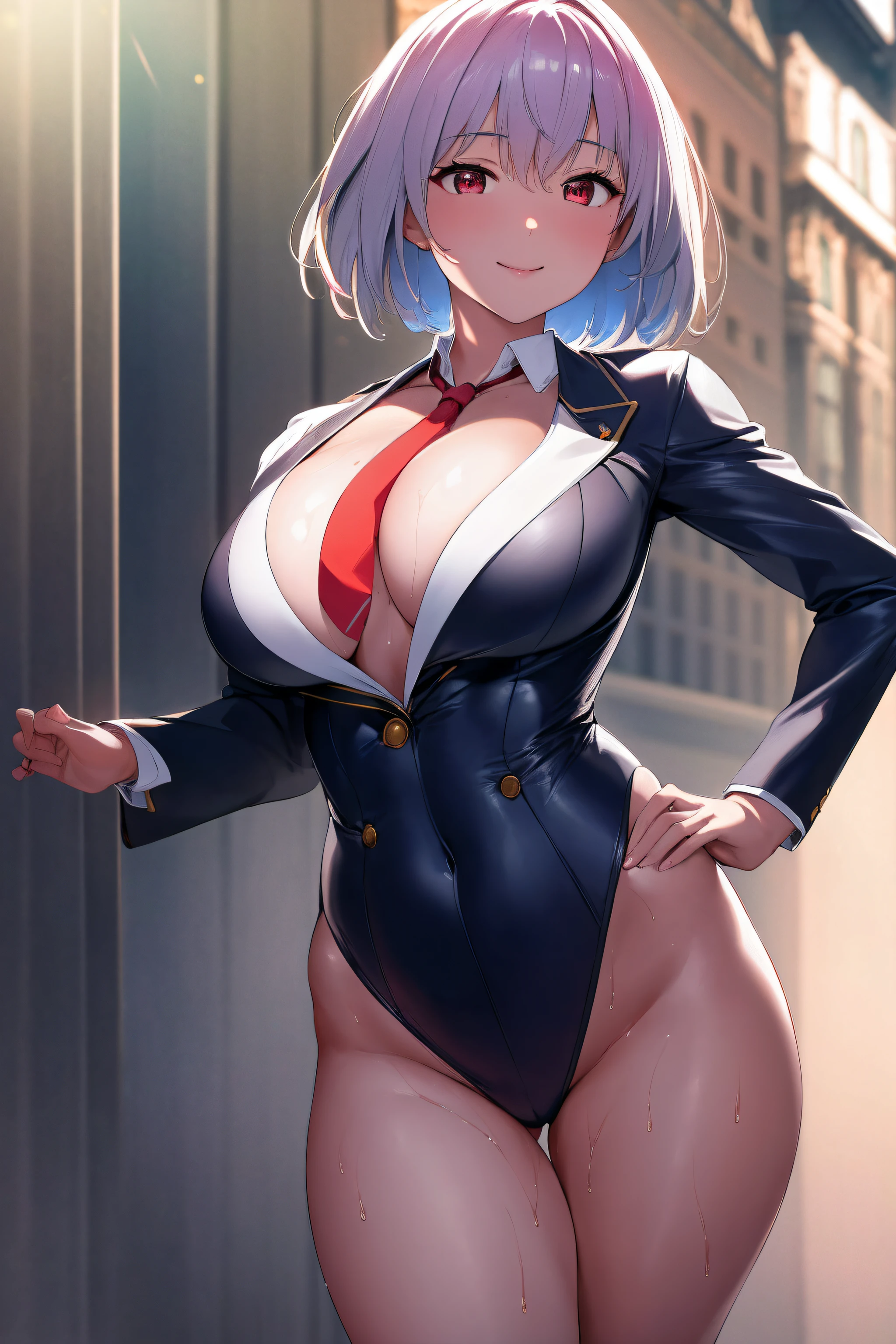 masterpiece, best quality, highres, aaakane, short hair, red eyes, large breasts, suit and tie with a red tie on her neck, wet, water, walking in streets,pose, hand on hip, from above,seductive smile,NSFW,official art,extremely detailed CG unity 8k wallpaper, perfect lighting, (masterpiece:1.0),(best_quality:1.0), ultra high res,4K,ultra-detailed, photography, 8K, HDR, highres, absurdres:1.2, Kodak portra 400, film grain, blurry background, bokeh:1.2, lens flare, (vibrant_color:1.2),(beautiful_face:1.5),(narrow_waist),(perfect hands, perfect anatomy),